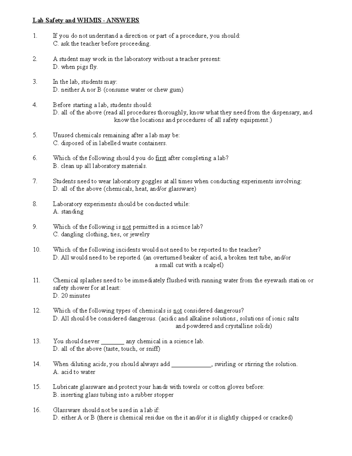 A1 Lab Safety and Whmis Answer Key - Lab Safety and WHMIS - ANSWERS If ...
