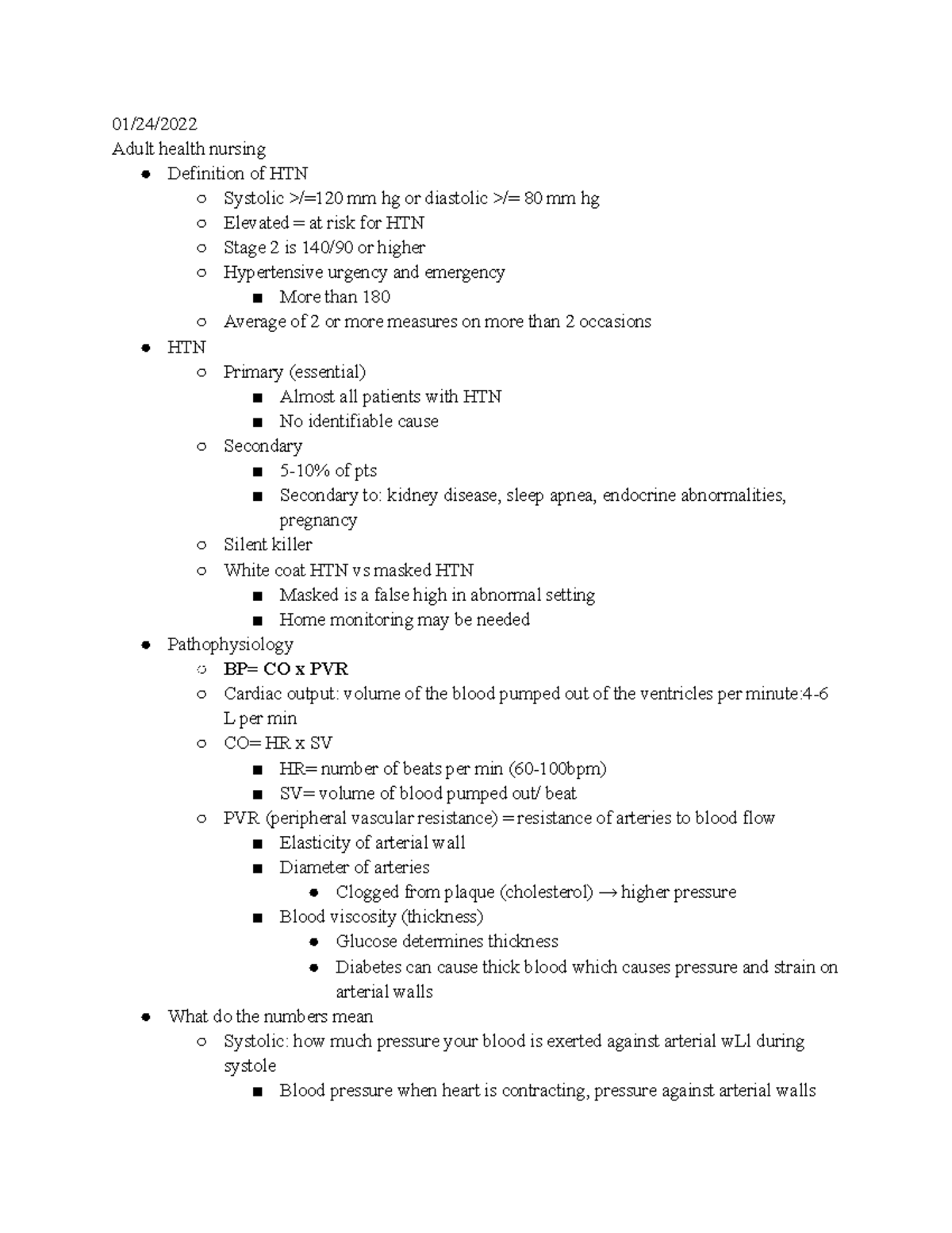 Adult health notes 01/24/ Adult health nursing Definition of HTN