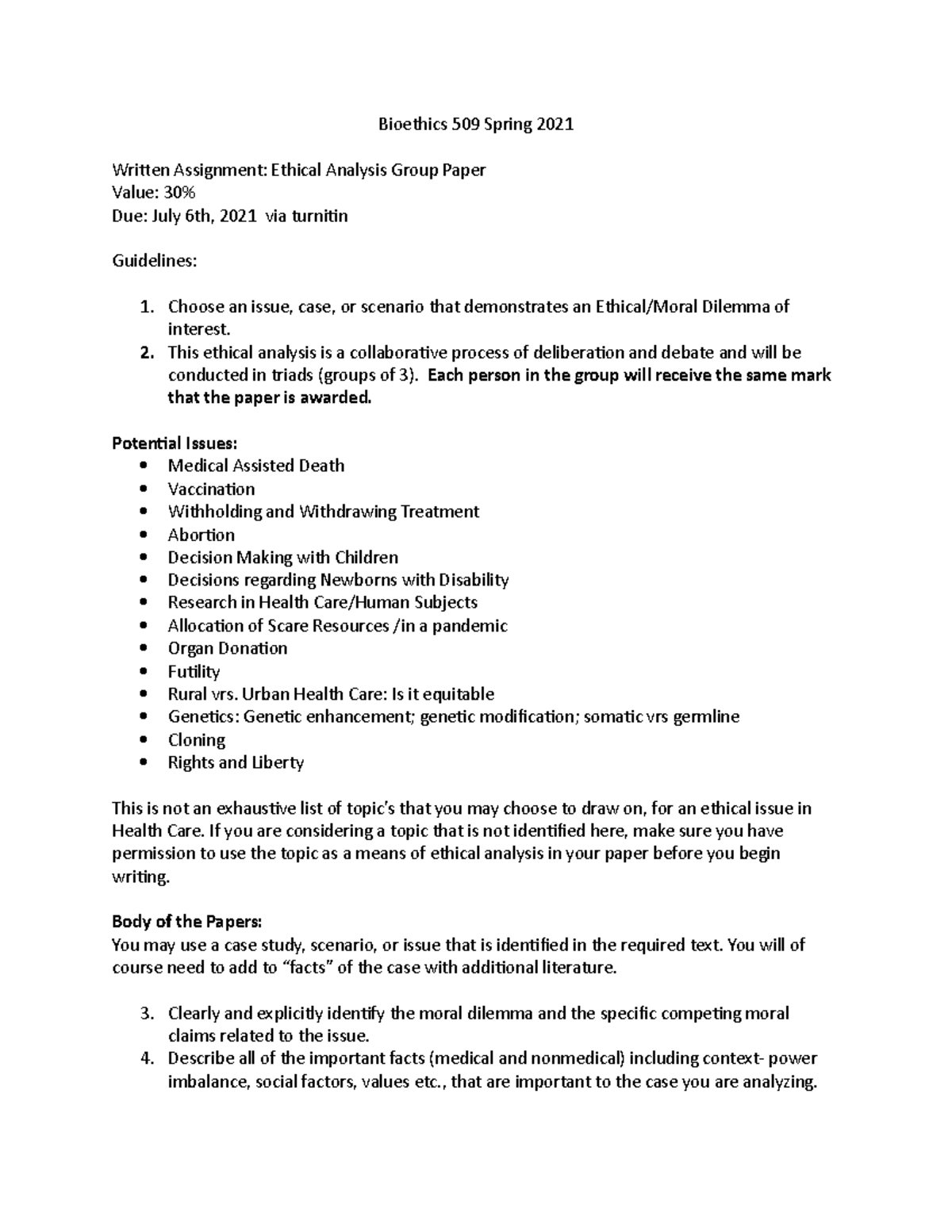 Paper Guidelines P2021 - Bioethics 509 Spring 2021 Written Assignment ...