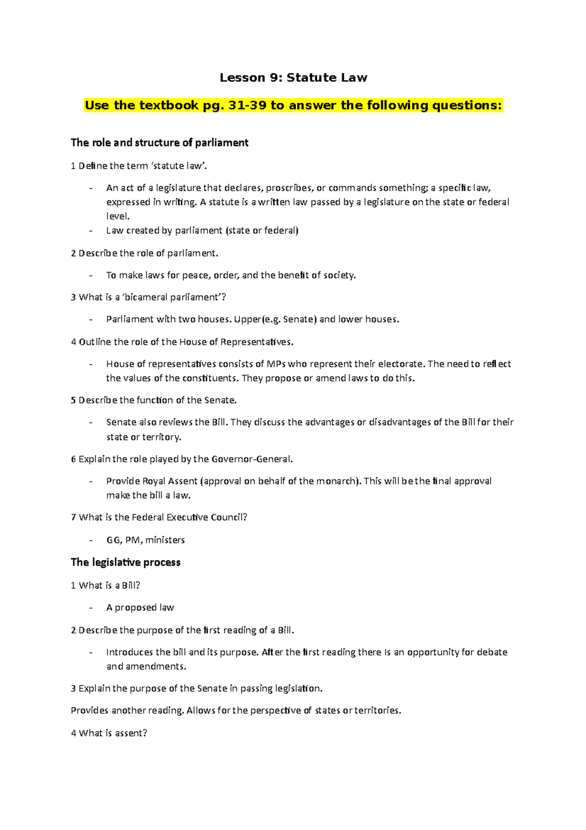 Lesson 10 Statute Law good document Lesson 9 Statute Law Use the