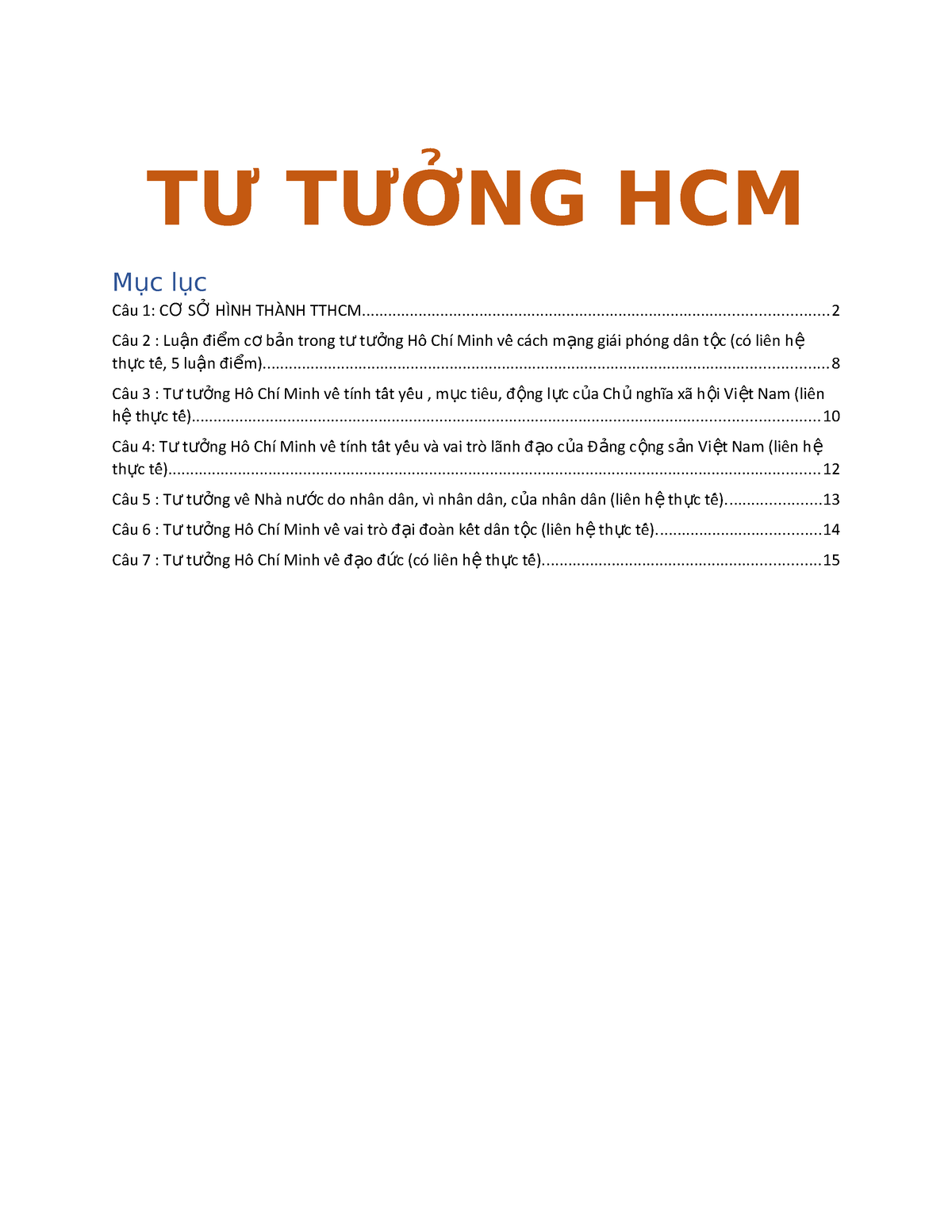 Tthcm Copy - Chau - TƯ TƯỞNG HCM Mục Lục Câu 1: C Ơ S Ở HÌNH THÀNH ...