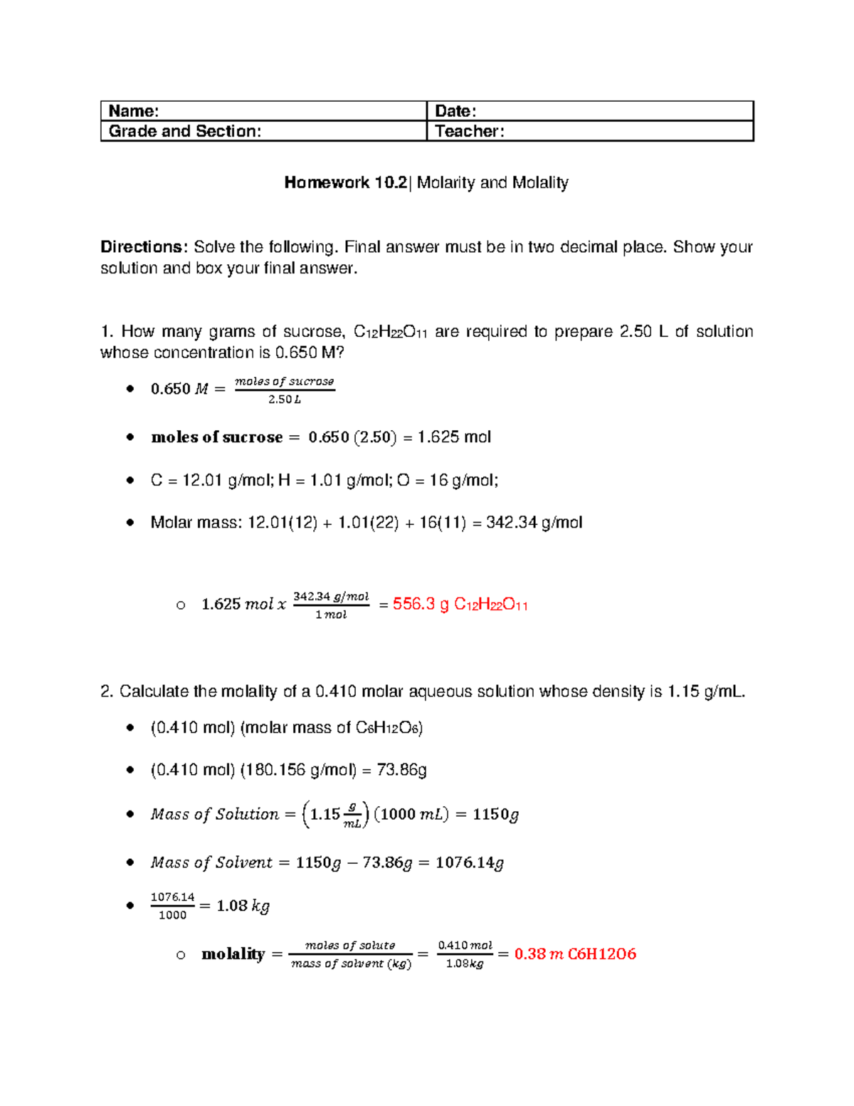 Homework 10 - Molarity and Molality - Name: Date: Grade and Section ...