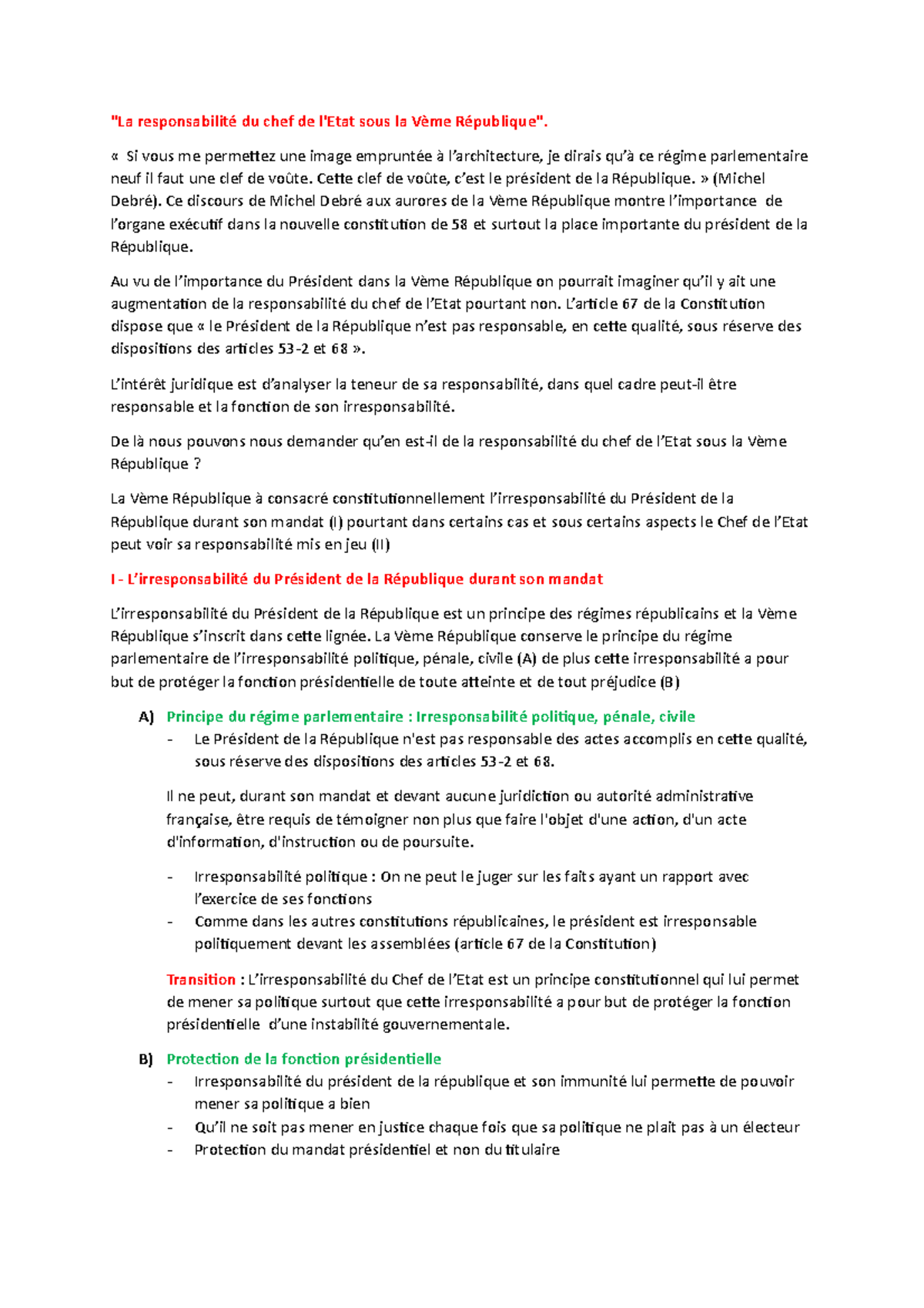 La Responsabilité Politique Du Président De La République Dissertation La responsabilité du chef de l - &quot;La responsabilité du chef de l'Etat  sous la Vème - Studocu