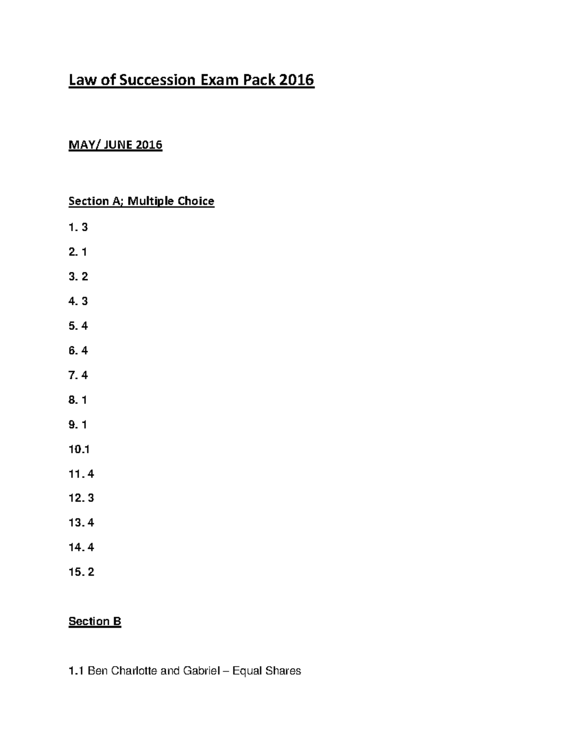 law of succession exam pack - Section A; Multiple Choice 10. Section B ...
