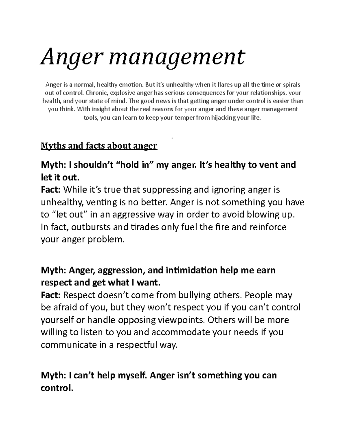 Anger management lecture notes - Anger management Anger is a normal ...