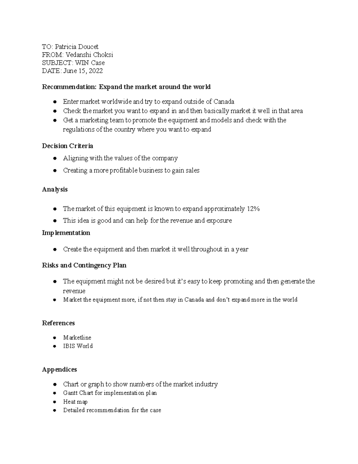 WIN Case - practice material - TO: Patricia Doucet FROM: Vedanshi ...