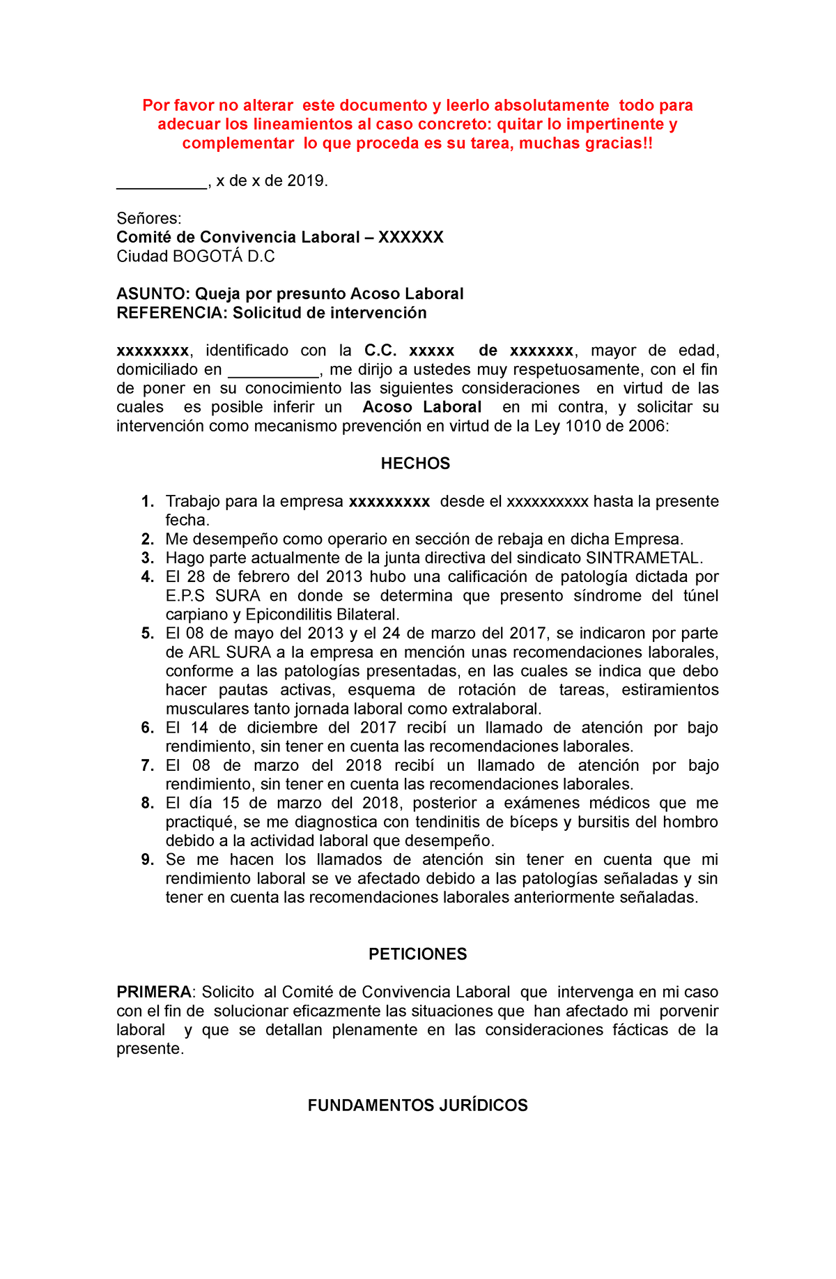 Modelo Carta AL Comité DE Convivencia Laboral - Por favor no alterar este  documento y leerlo - Studocu