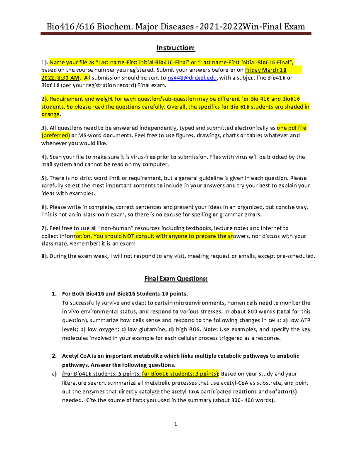 Practice Exam Prep - Bio416/616 Biochem. Major Diseases -20 21 -202 2 ...