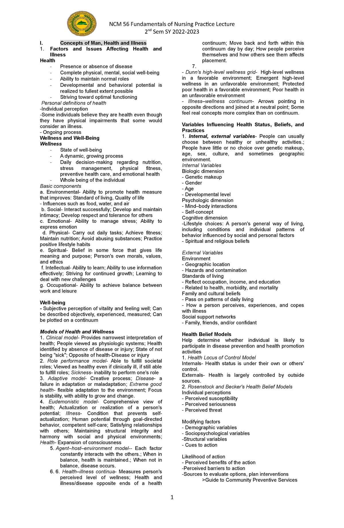 Concepts-of-Nursing-Handout 3 - 2 nd Sem SY 2022- I. Concepts of Man ...