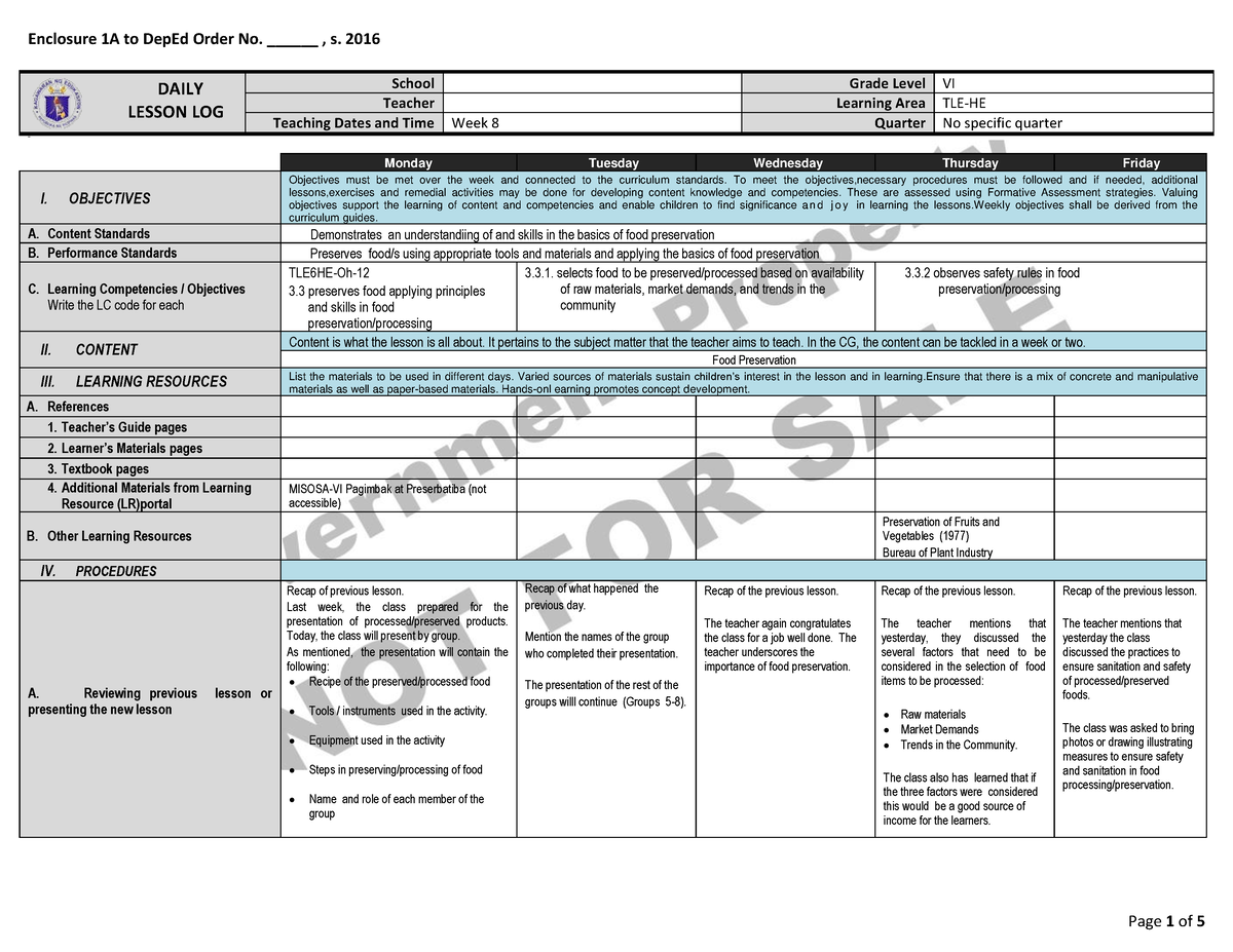 Tle-he w8 - Thank you - DAILY LESSON LOG School Grade Level VI Teacher ...