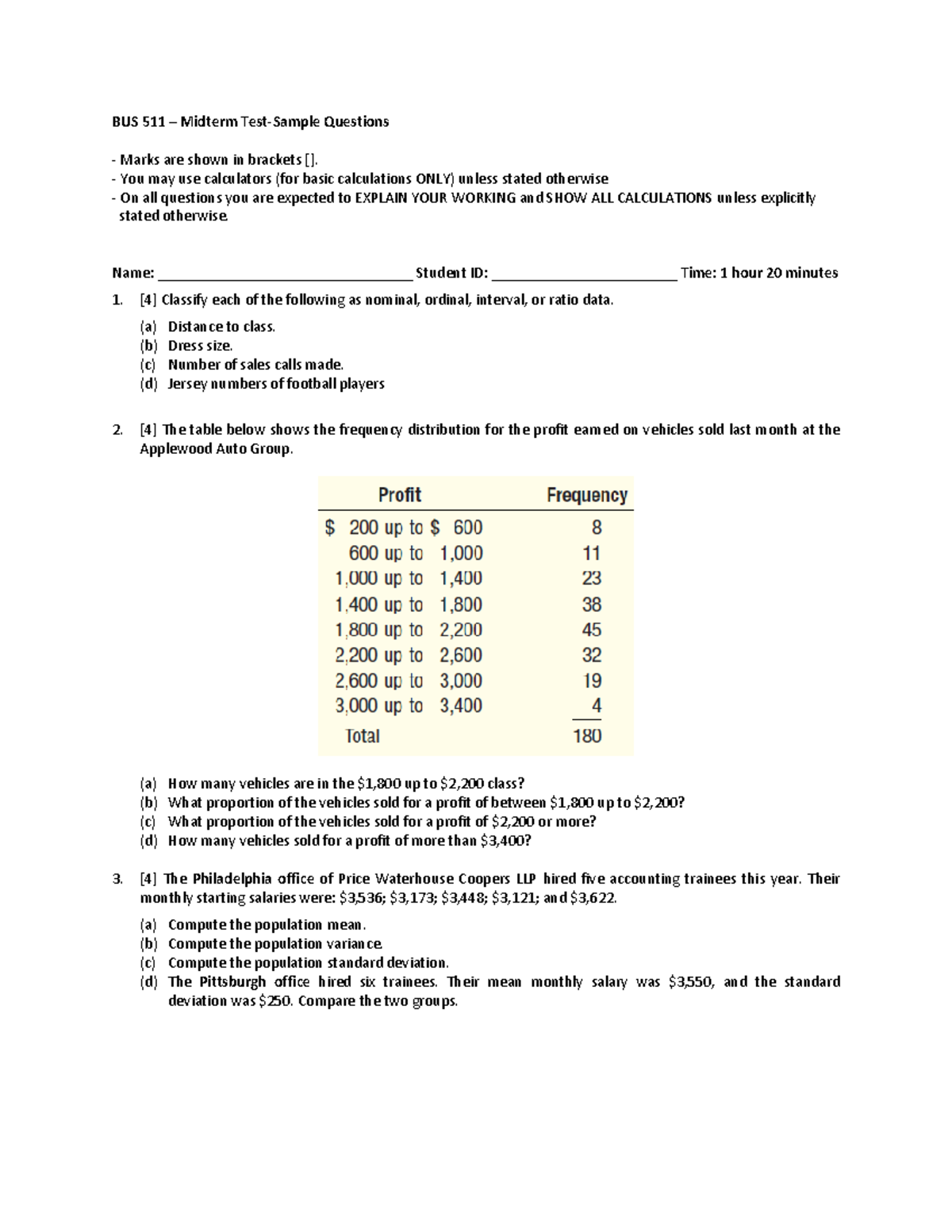 BUS 511-Midterm-Test 1-Sample Questions - BUS 511 – Midterm Test‐Sample ...