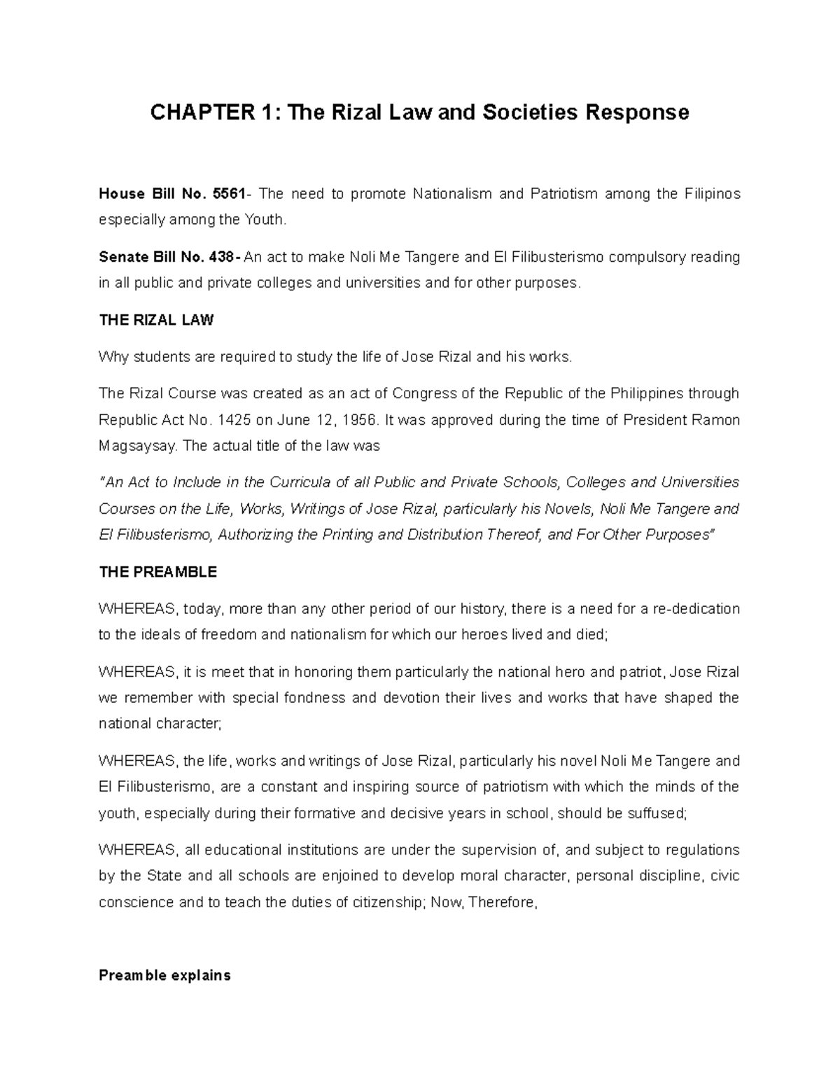 Chapter 1 to 5 Rizal - CHAPTER 1: The Rizal Law and Societies Response ...