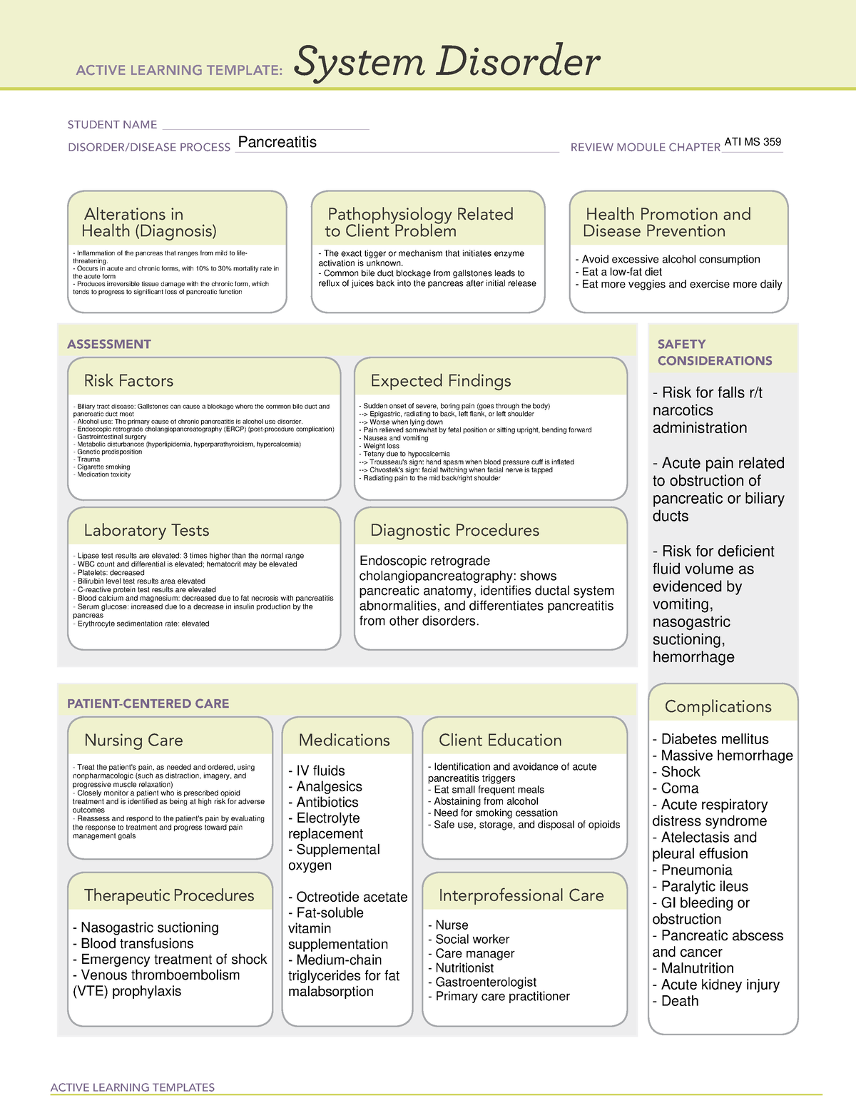 ATI System Disorder Pancreatitis - ACTIVE LEARNING TEMPLATES System ...