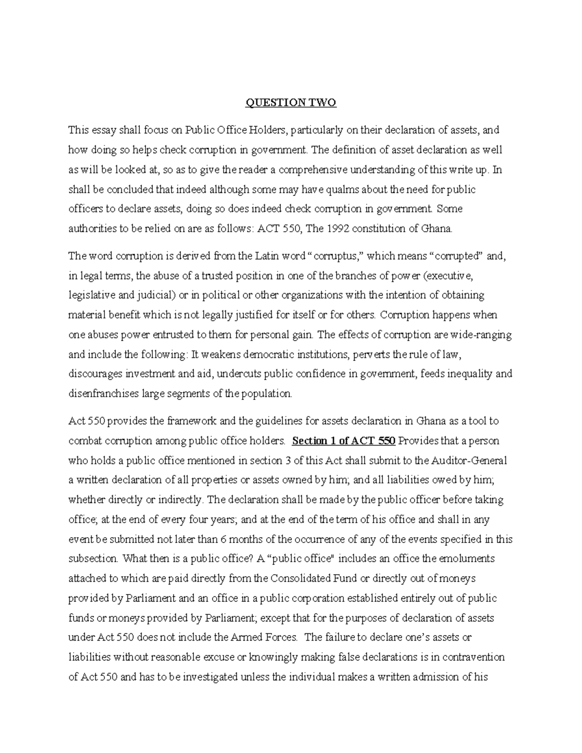 Work Work done QUESTION TWO This essay shall focus on Public Office