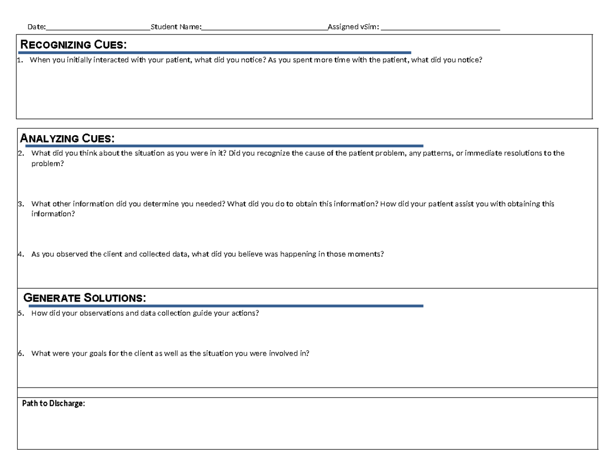 Post Sim Clinical - Vsim pre and post assignment - RECOGNIZING CUES: 1 ...