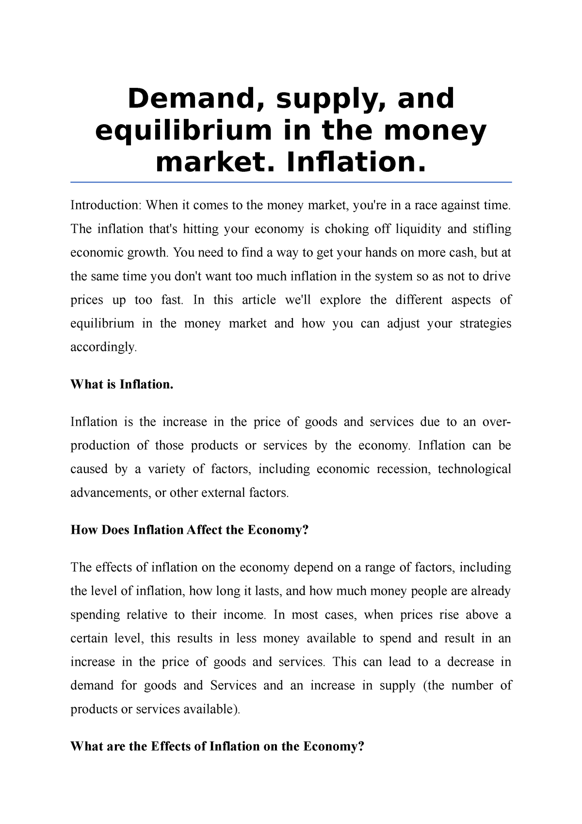 Demand, Supply, And Equilibrium In The Money Market, Inflation - Demand ...