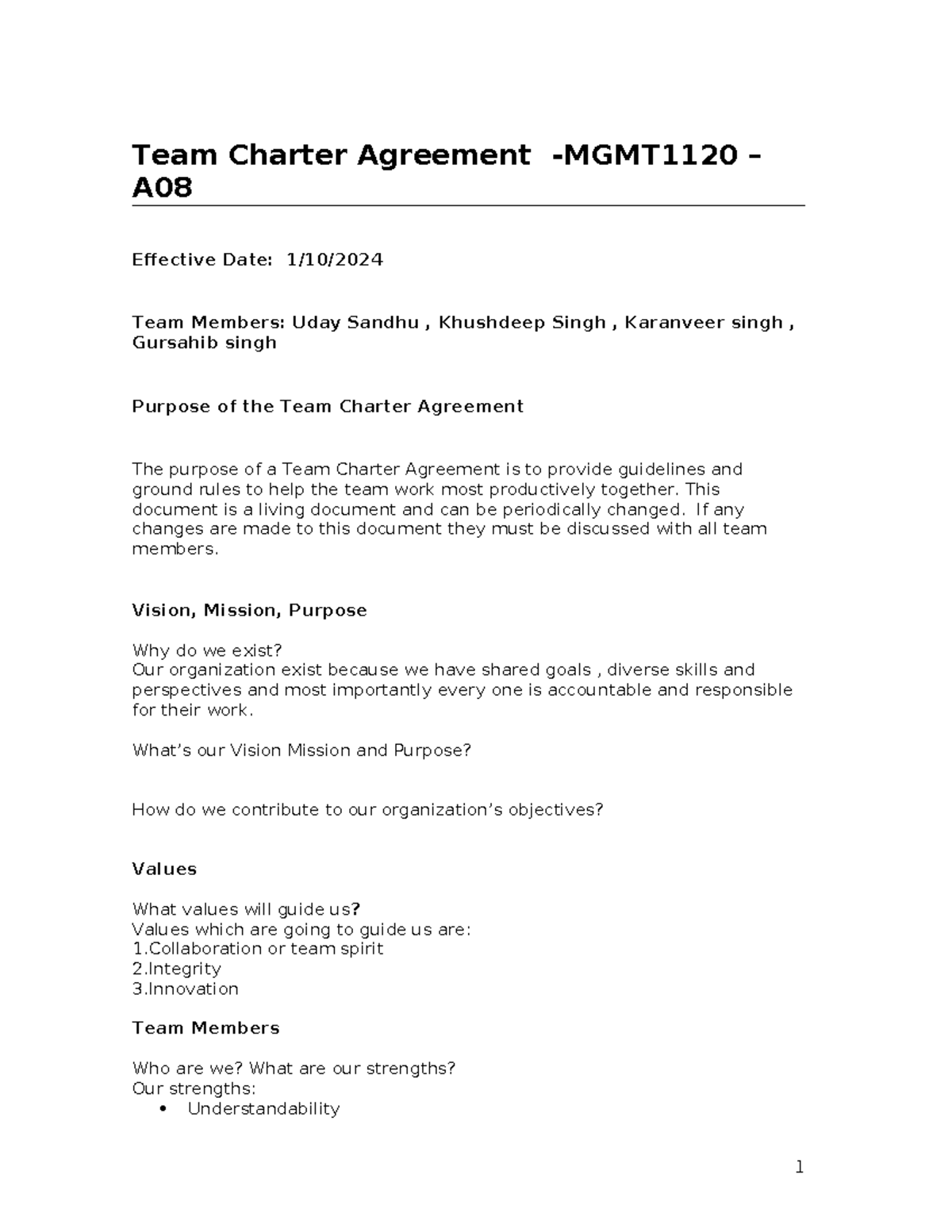 Team Charter Agreement -MGMT1120 - This document is a living document ...