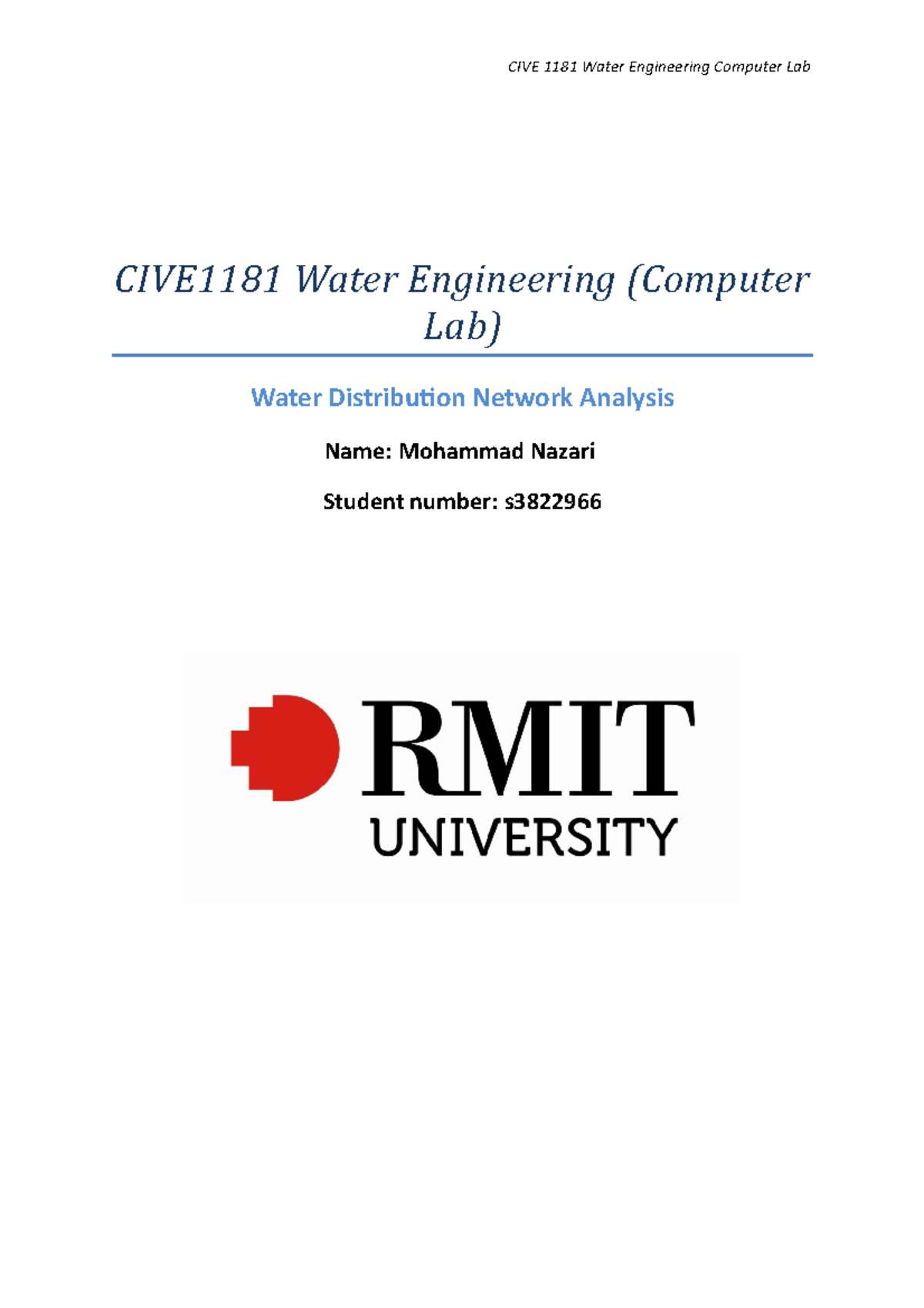 Computer Lab Report, s3822966, completed lab report - CIVE1181 Water ...