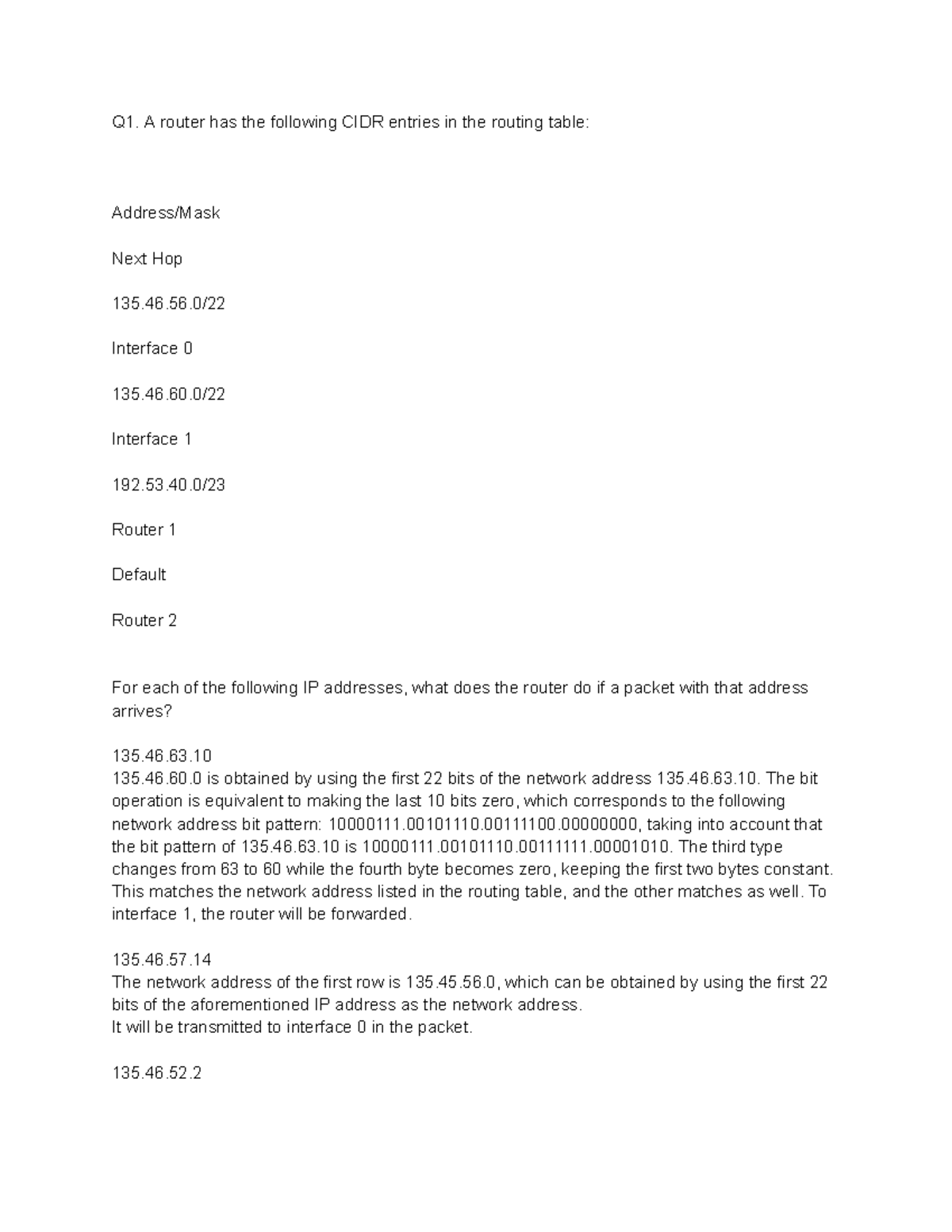 Assignment communication - Q1. A router has the following CIDR entries ...