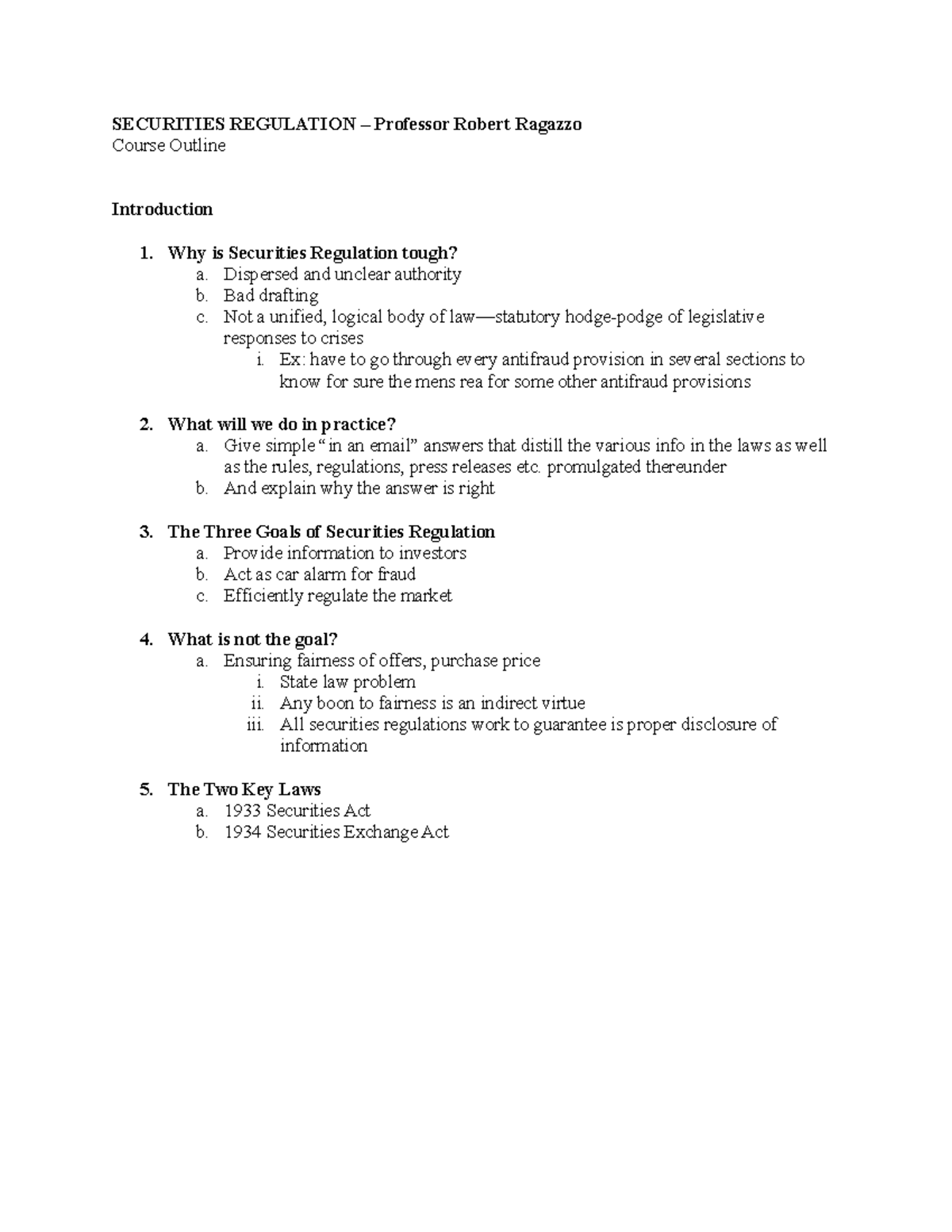 Law 5363 Sec Reg - Final Course Outline - SECURITIES REGULATION ...