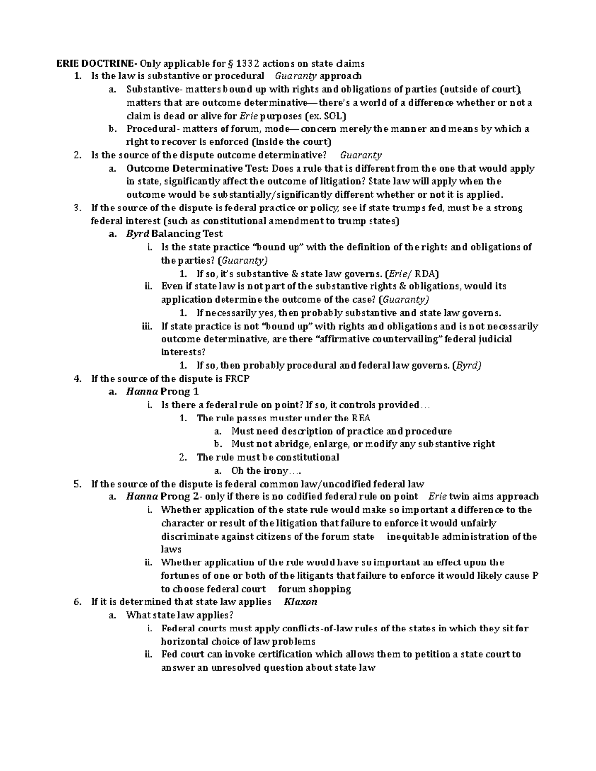 Erie Checklist - ERIE DOCTRINE- Only applicable for § 1332 actions on ...