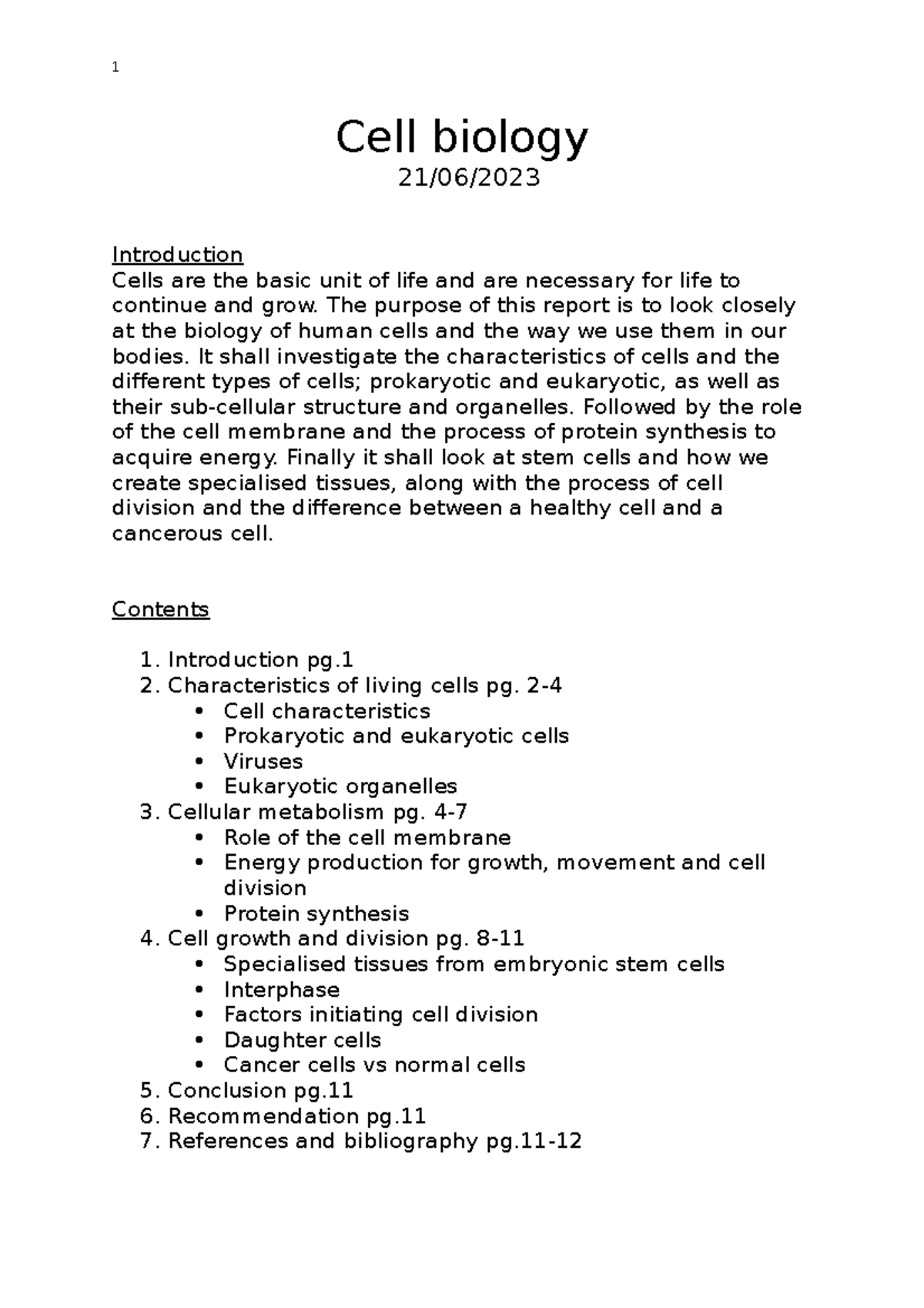 Unit 5 - Cell Biology Report - Cell Biology 21/06/ Introduction Cells ...