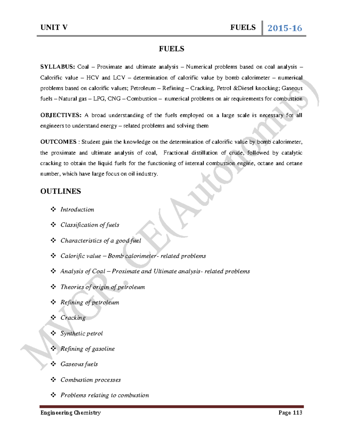 Fuels, combustion, gaseous fuel, analysis FUELS SYLLABUS Coal