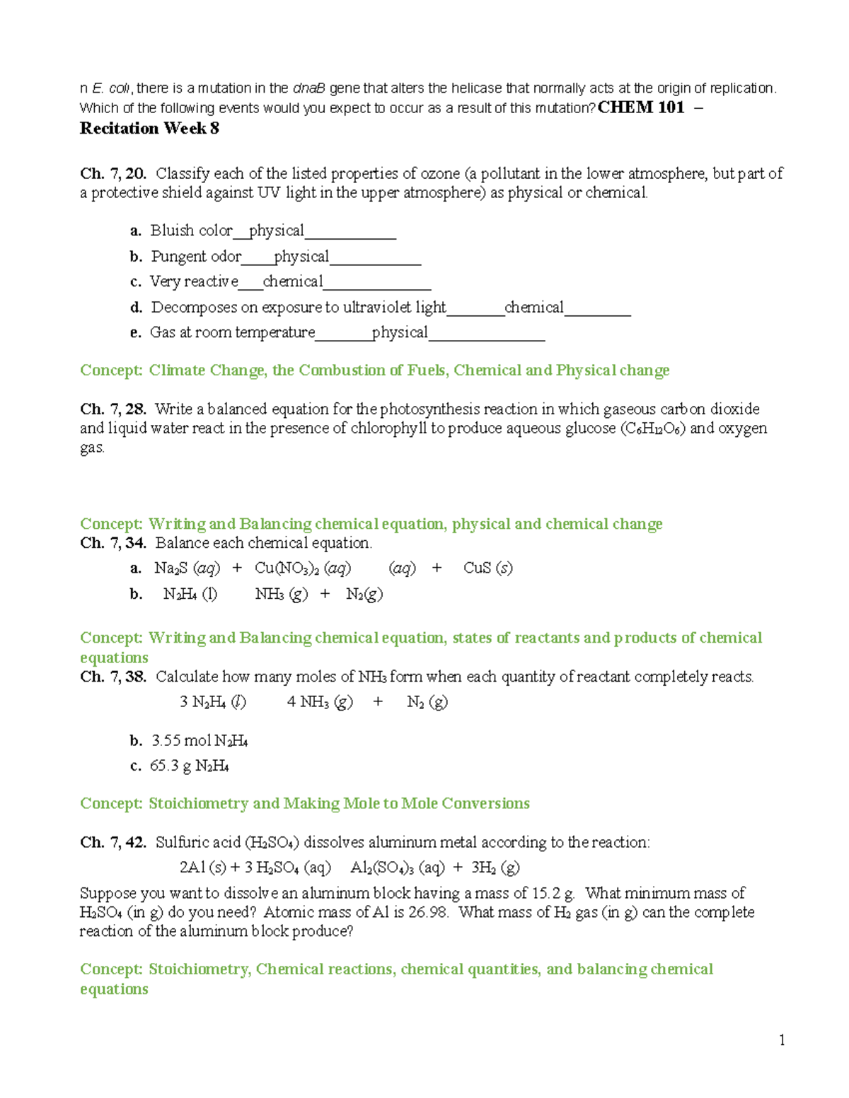 CHEM 101 Recitation Week 8 - n E. coli, there is a mutation in the dnaB ...