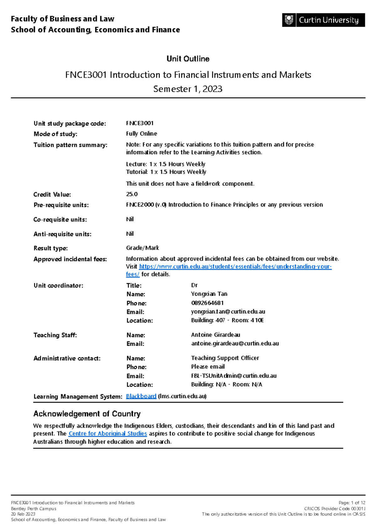 FNCE3001 Introduction to Financial Instruments and Markets Semester 1 ...