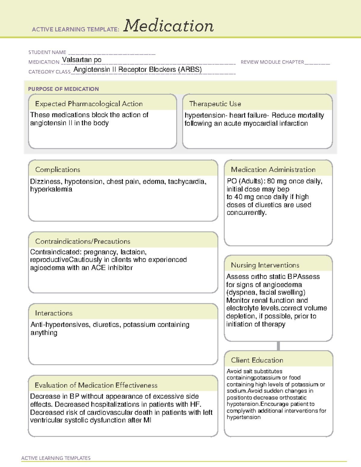 Valsartan - n/a - ACTIVE LEARNING TEMPLATES Medication STUDENT NAME ...