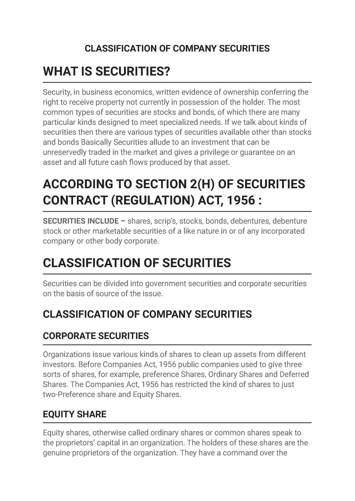 2c Classification of Company Securities Corporate law - CLASSIFICATION ...