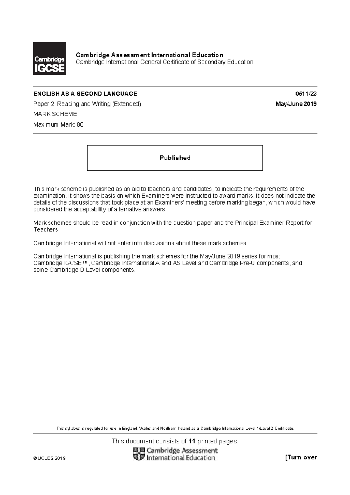 0511 June 2019-23 Mark Scheme - This Syllabus Is Regulated For Use In 