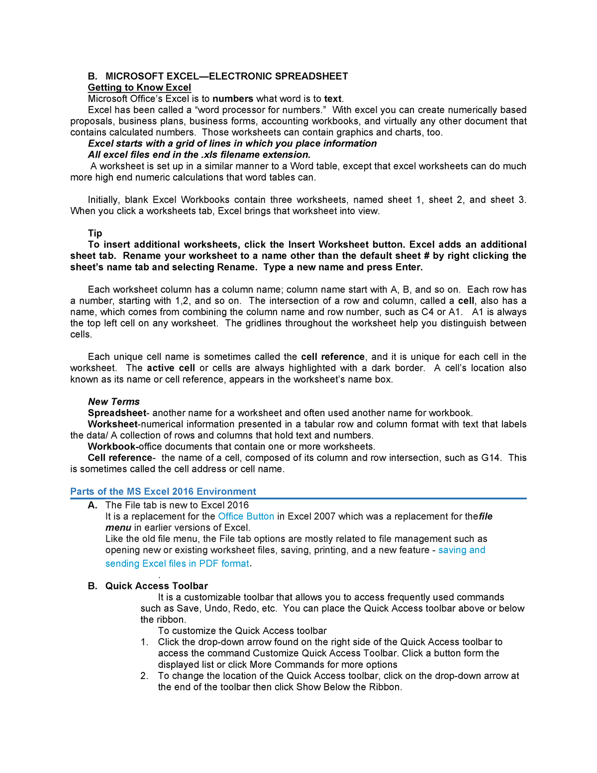 Micros OFT Excel Handout - B. MICROSOFT EXCEL—ELECTRONIC SPREADSHEET ...