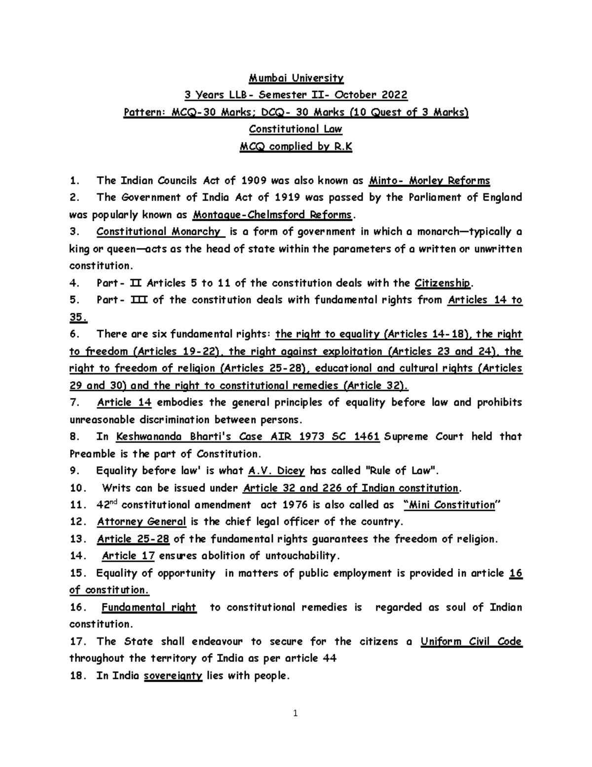 Constitution Law MCQ RK Notes Final - Mumbai University 3 Years LLB ...