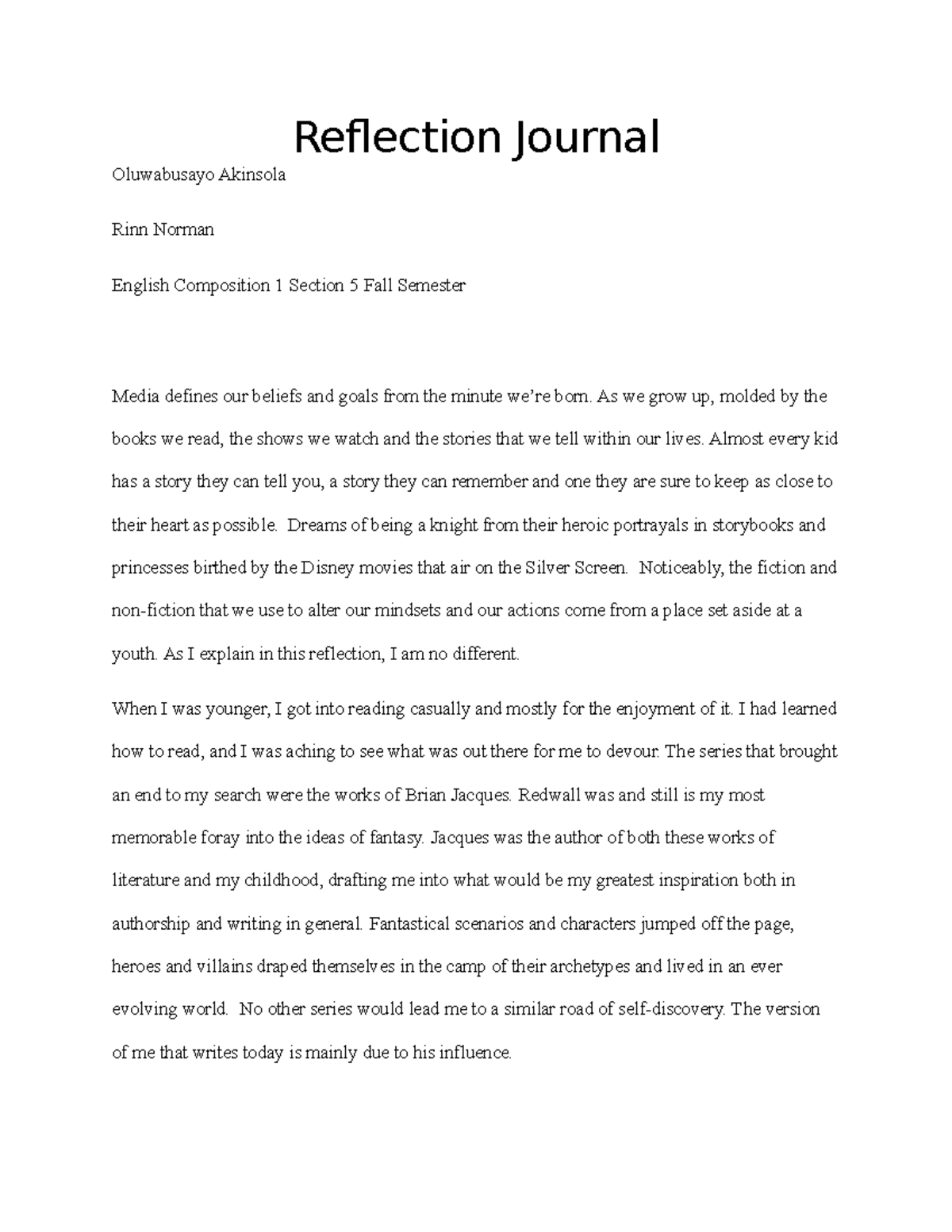 HW Reflection - English Work (Rinn Norman) - Reflection Journal ...