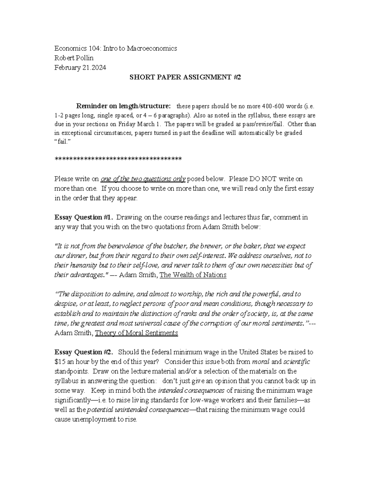 Pollin-Econ 104-Short paper assignment #2-2-21-24 - Economics 104 ...