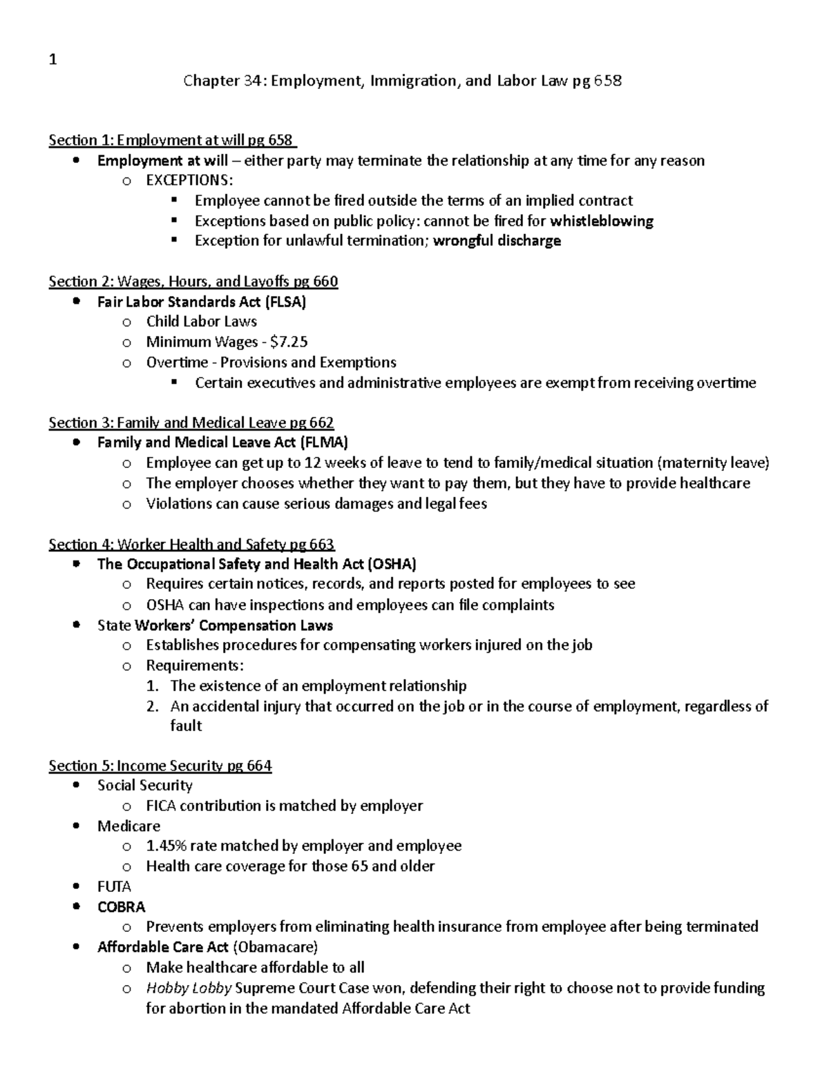 BLAW 424 Chapter 34 Notes - 1 Chapter 34: Employment, Immigration, And ...