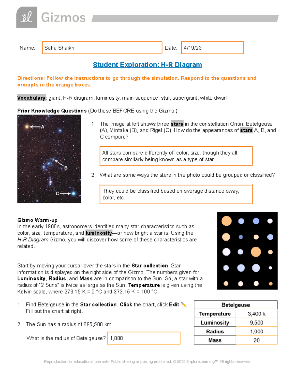 Copy of Copy of H-RDiagram SE - Name: Saffa Shaikh Date: 4/19/ Student ...