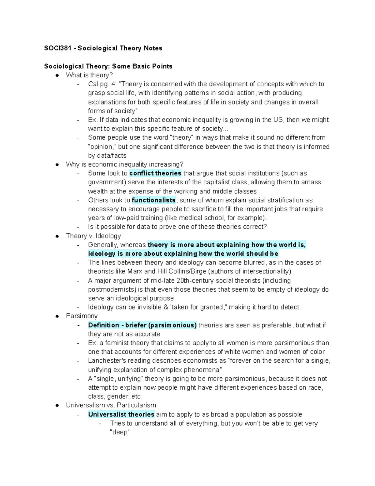 SOCI381 - Sociological Theory Notes (pre-midterm) - SOCI381 ...