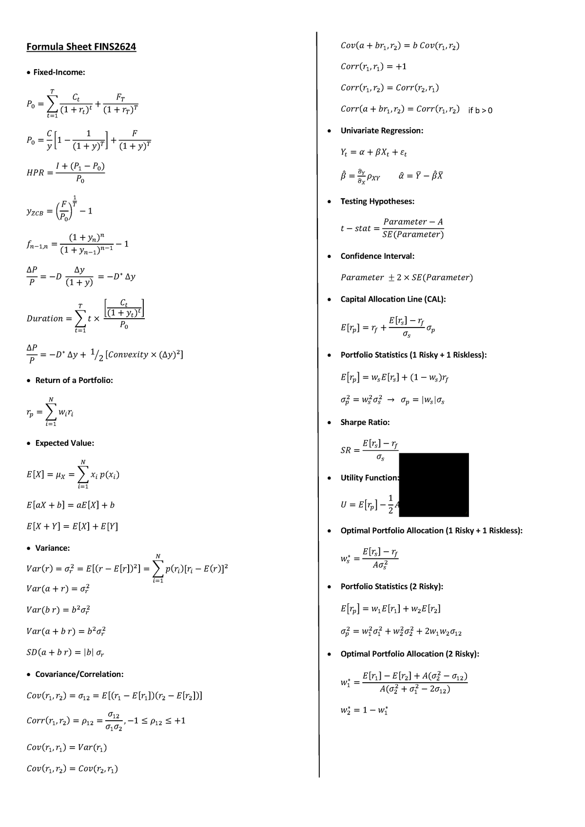 Formula Sheet yr 2019 term 3 - Formula Sheet FINS x Fixed-Income: ෍ ሺ ሻ ...