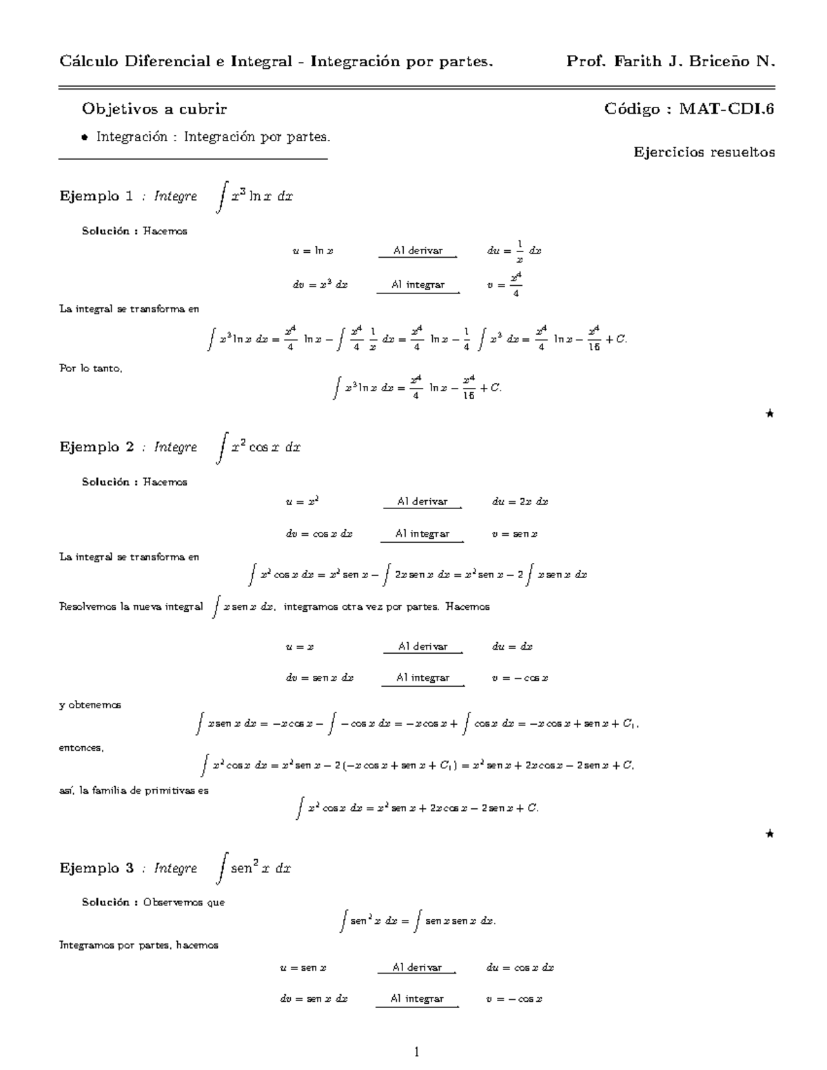 30 Integrales - C ́alculo Diferencial E Integral - Integraci ́on Por ...