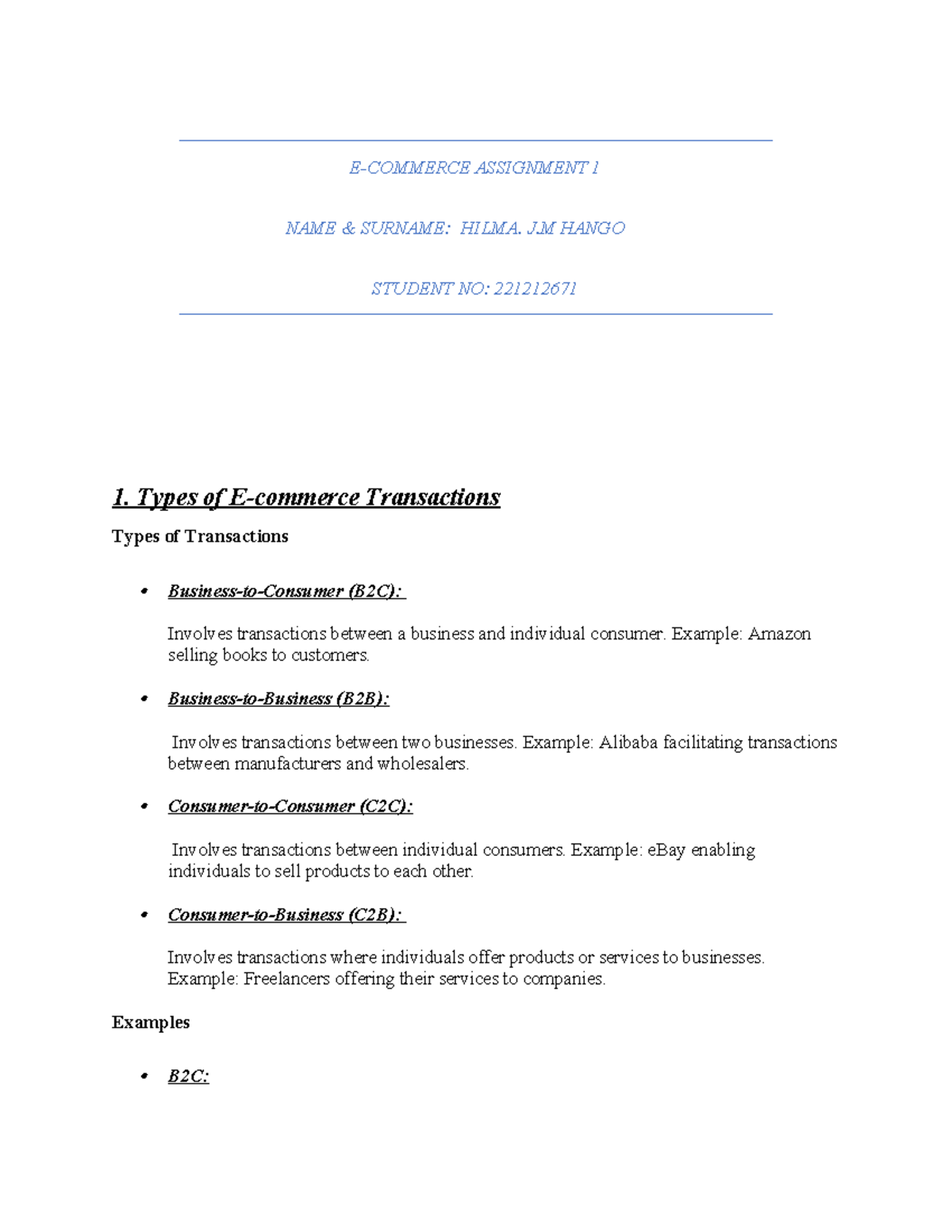 E - all in doc - E-COMMERCE ASSIGNMENT 1 NAME & SURNAME: HILMA. J HANGO ...