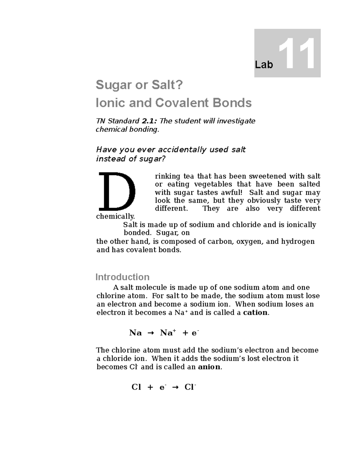 Ionic vs Covalent Bonding Lab Lab 11 Sugar or Salt? Ionic and