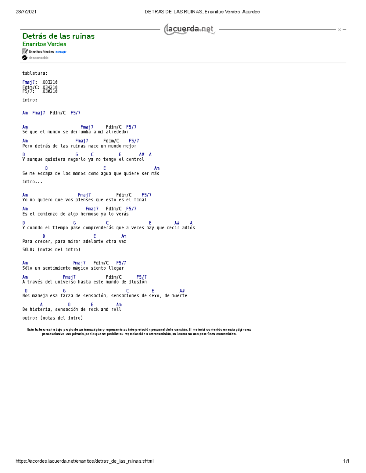 Detras DE LAS Ruinas, Enanitos Verdes Acordes - Guitarra - UNAD - StuDocu