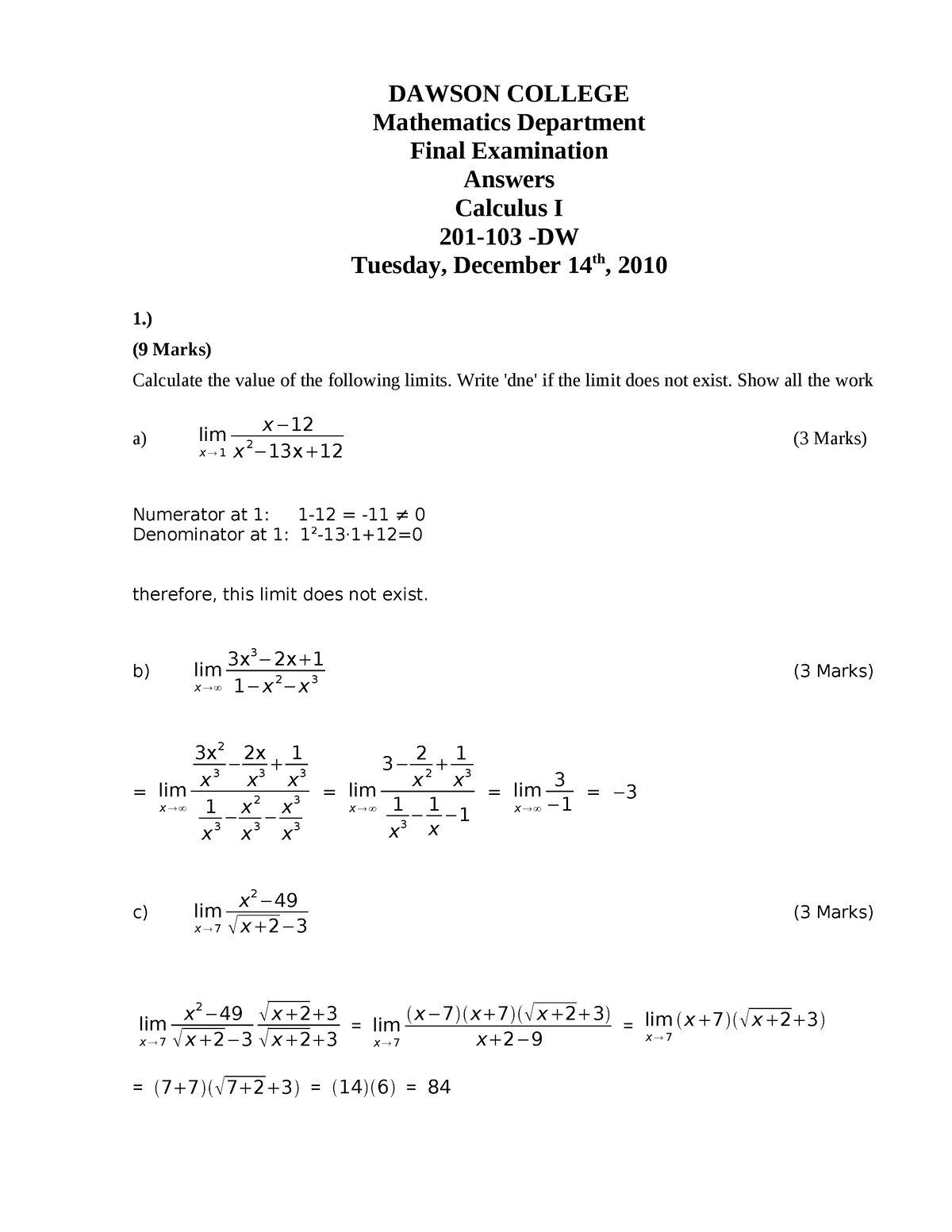 201 103 Dw Fall2010 - Practice Material - DAWSON COLLEGE Mathematics ...