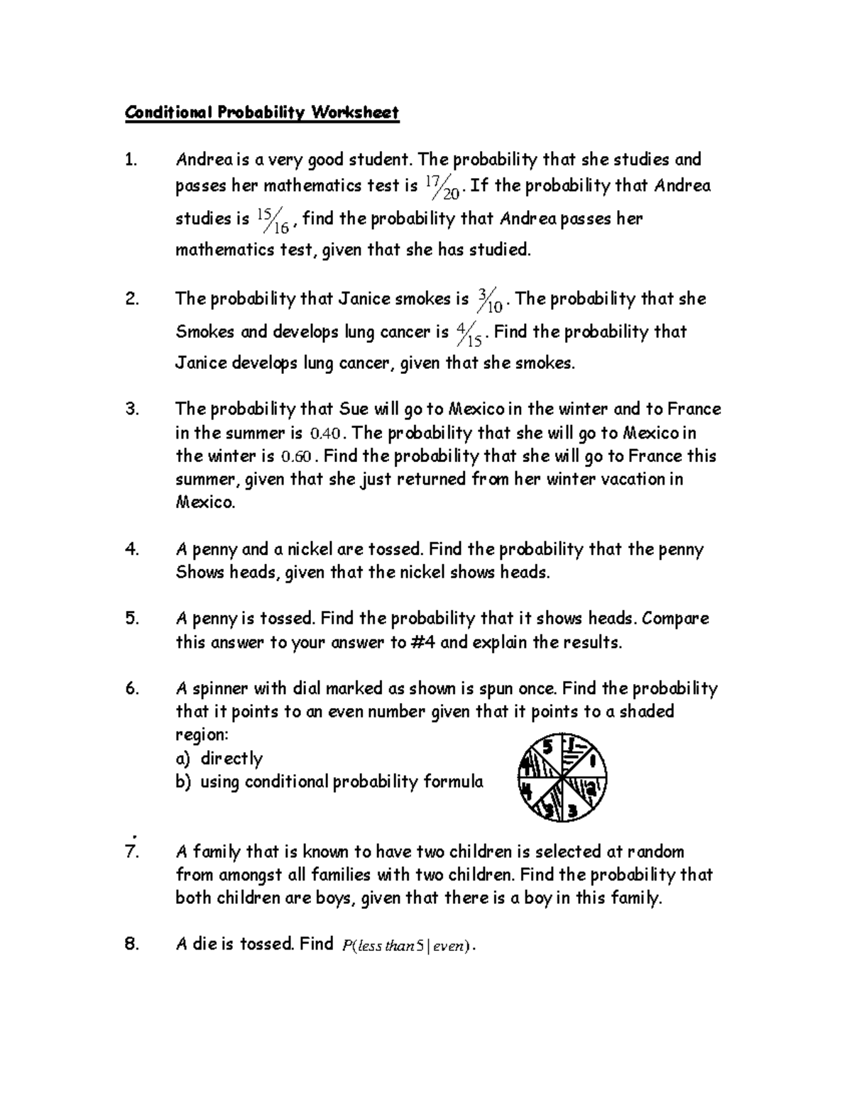 Psy-260 Conditional probability Worksheet - Conditional Probability  Worksheet Andrea is a very good - Studocu