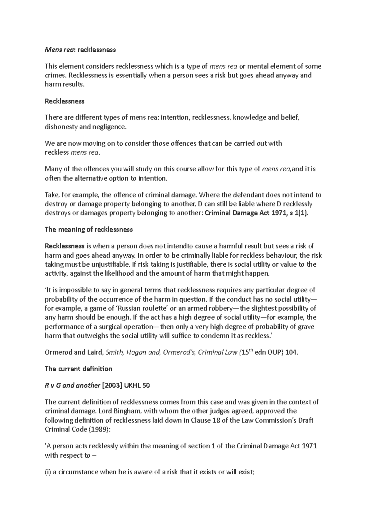 7 Recklessness Lecture Notes 1 Mens Rea Recklessness This