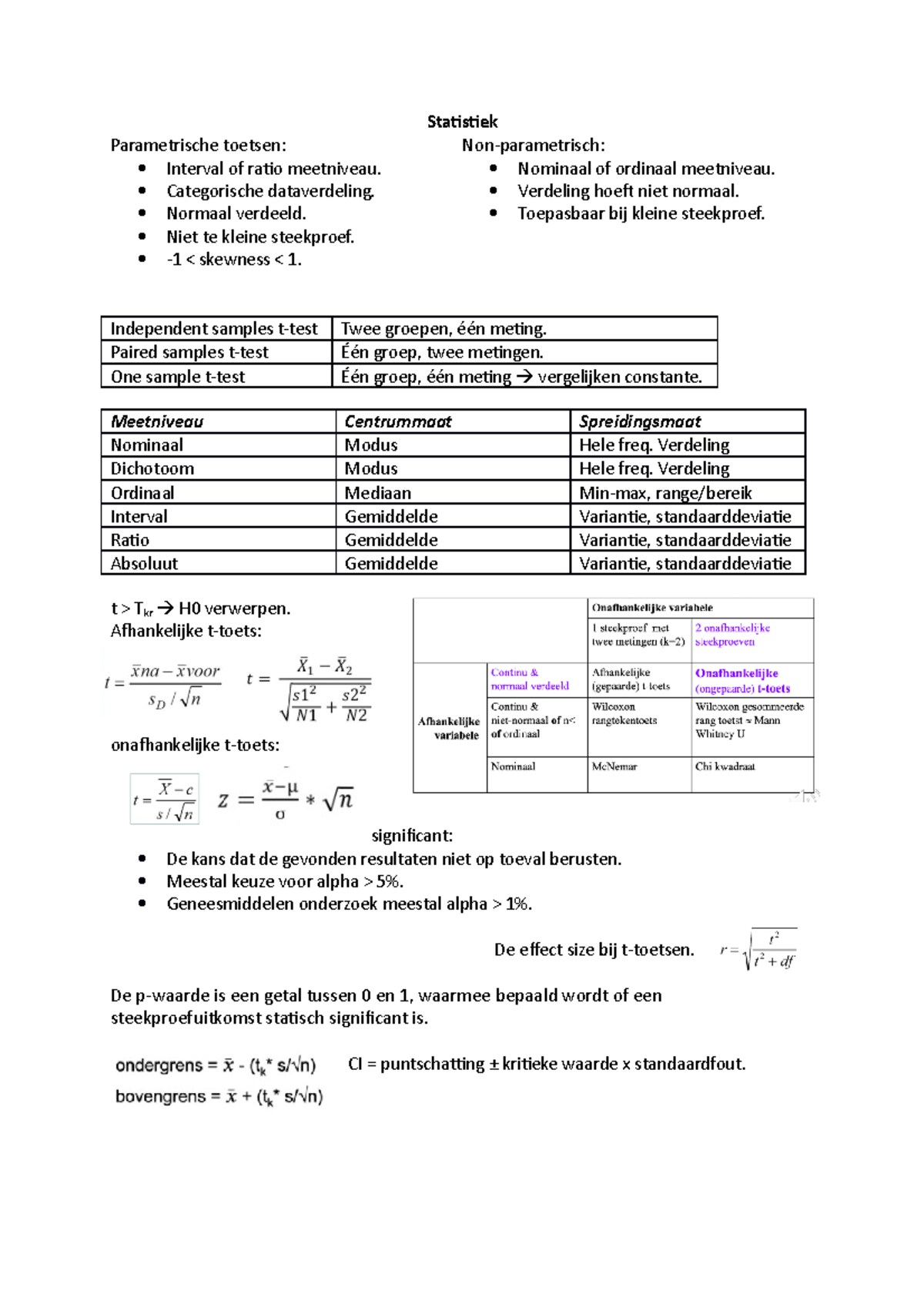 Statistiek tentamen - Statistiek Parametrische toetsen: Interval of ...