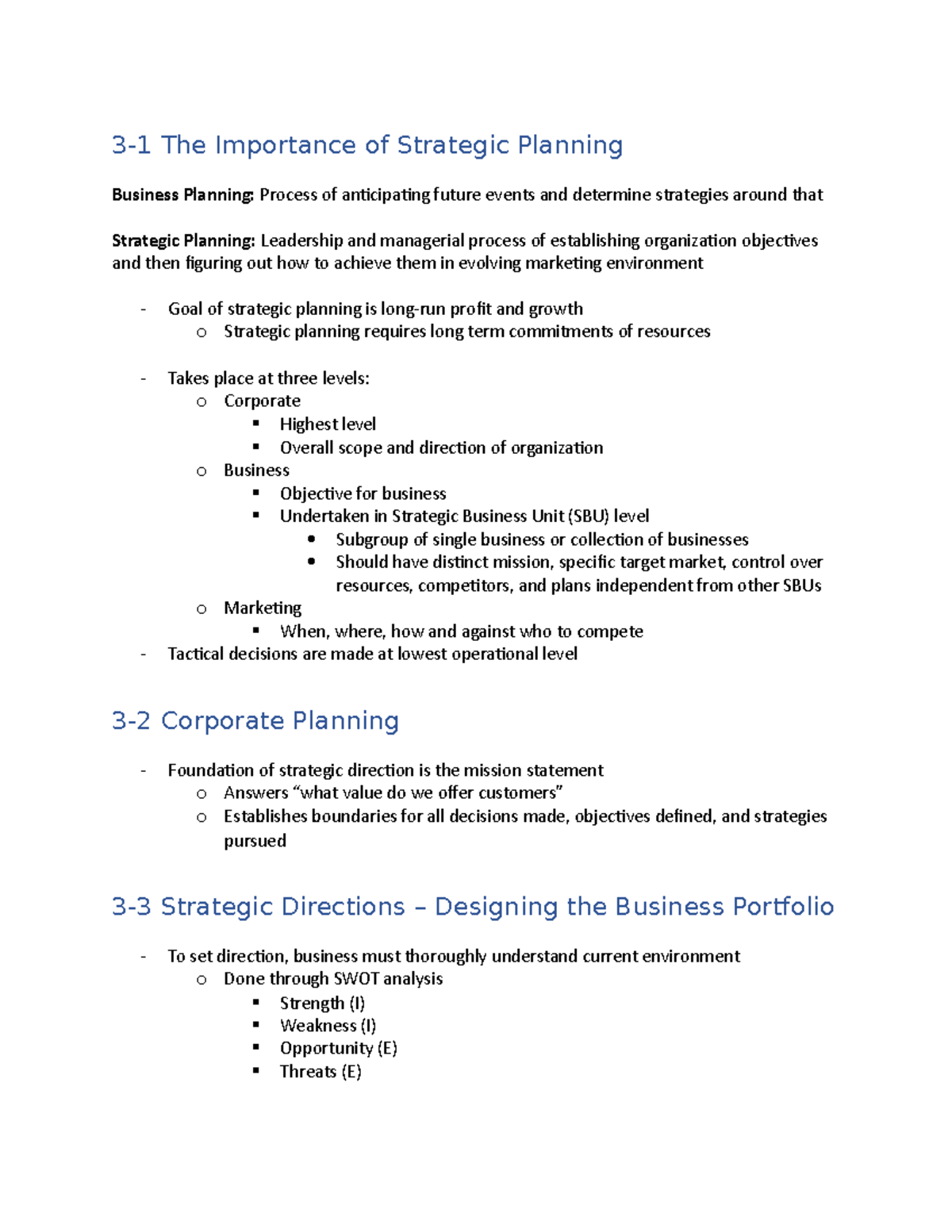 Chapter 3 Notes - MKTG - 3-1 The Importance of Strategic Planning ...