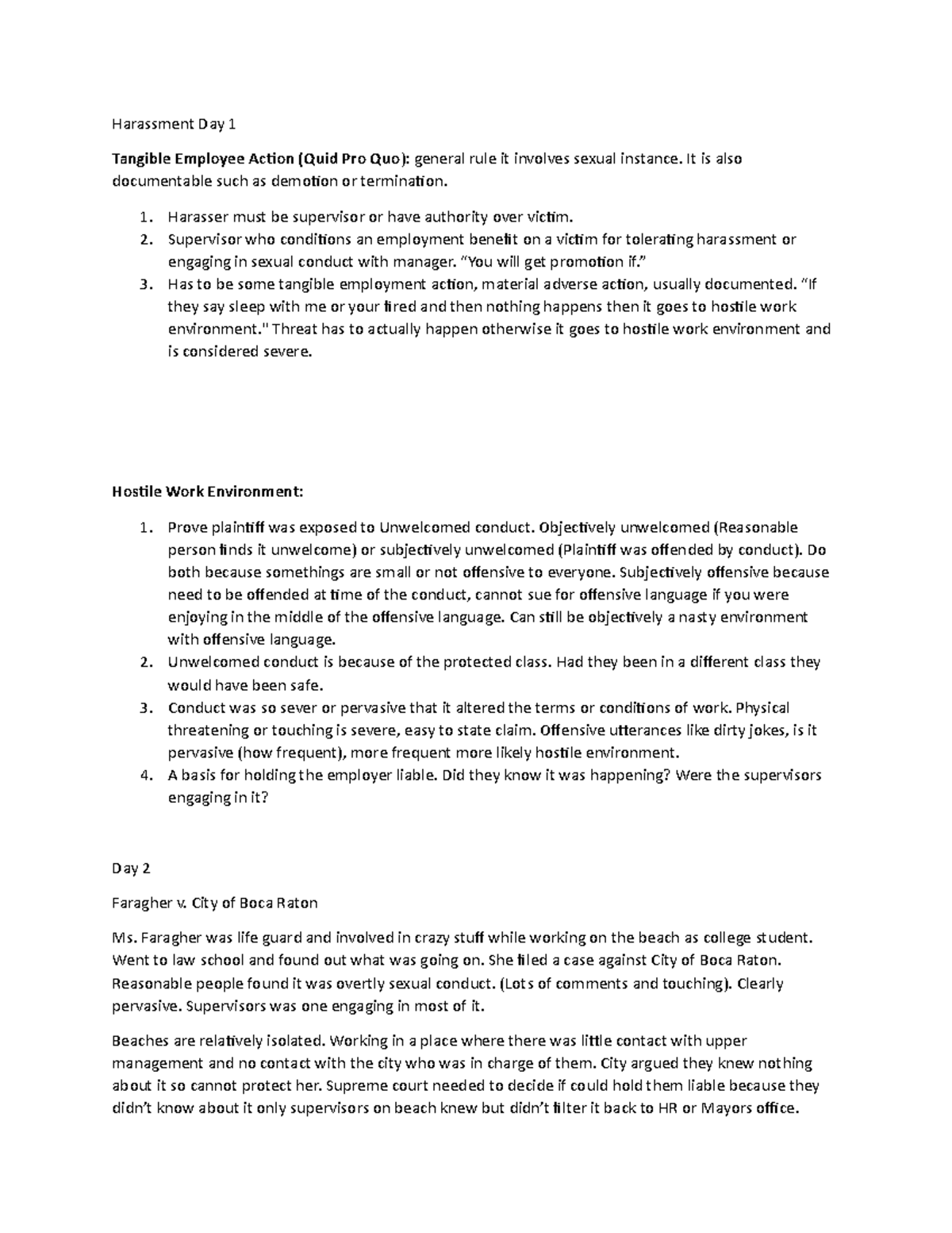 Harassment notes - Harassment Day 1 Tangible Employee Action (Quid Pro ...